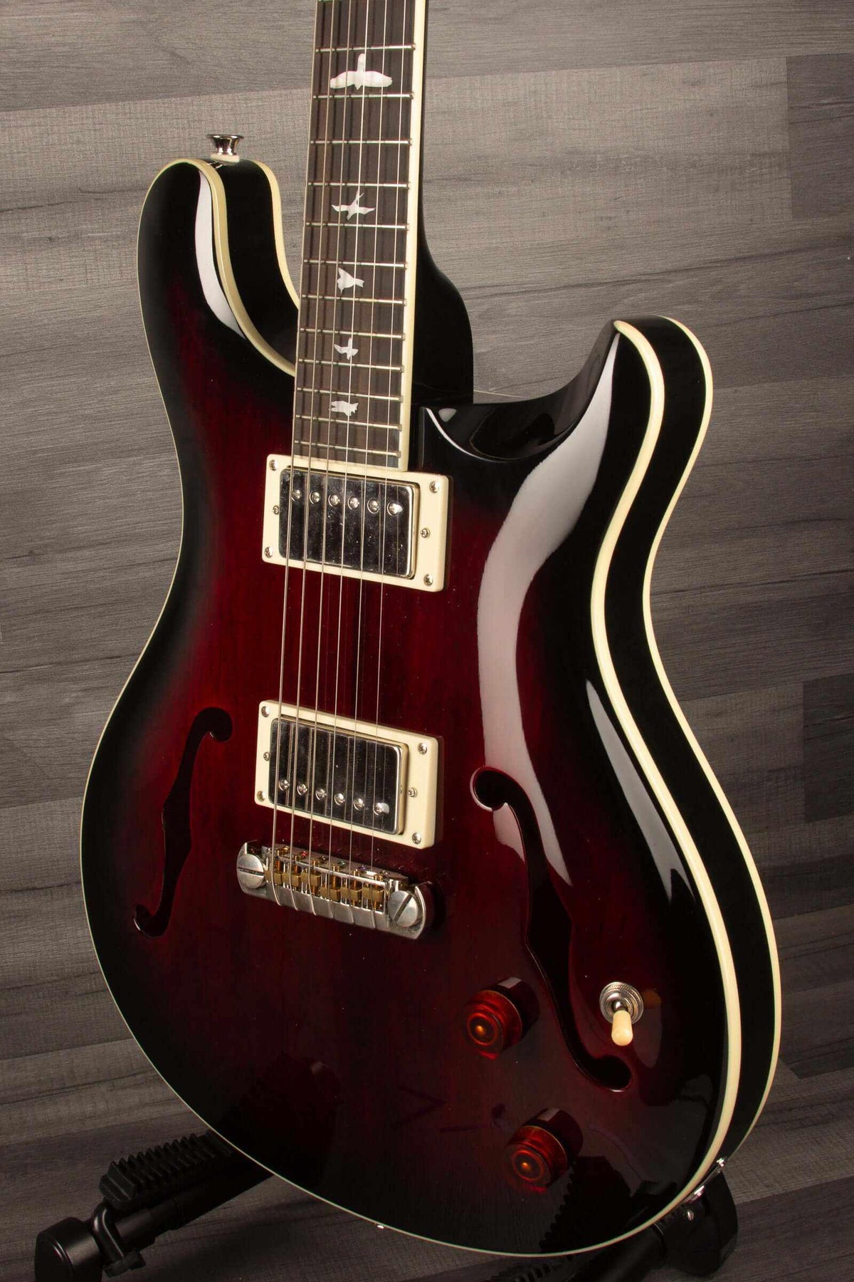 USED - PRS SE Hollowbody Standard Fire Red Burst guitar with mahogany body and 58/15 "S" pickups.