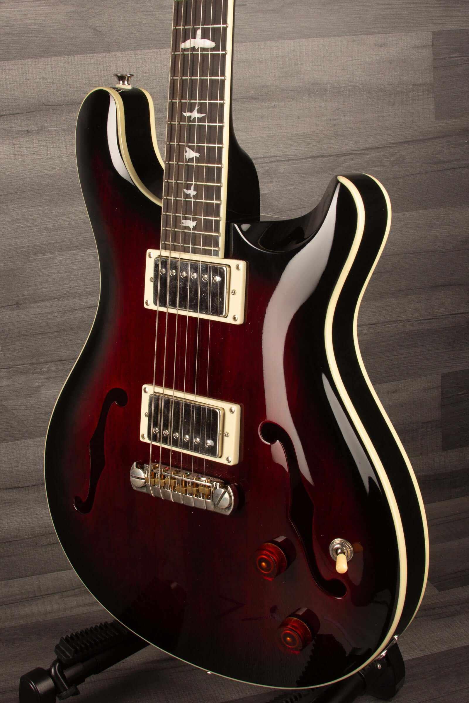 USED - PRS SE Hollowbody Standard Fire Red Burst guitar with mahogany body and 58/15 "S" pickups.