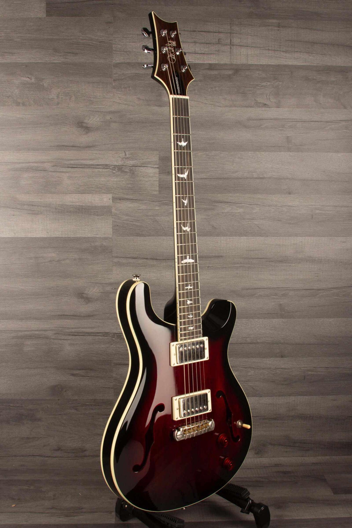 USED - PRS SE Hollowbody Standard Fire Red Burst electric guitar with mahogany body and 22-fret neck.