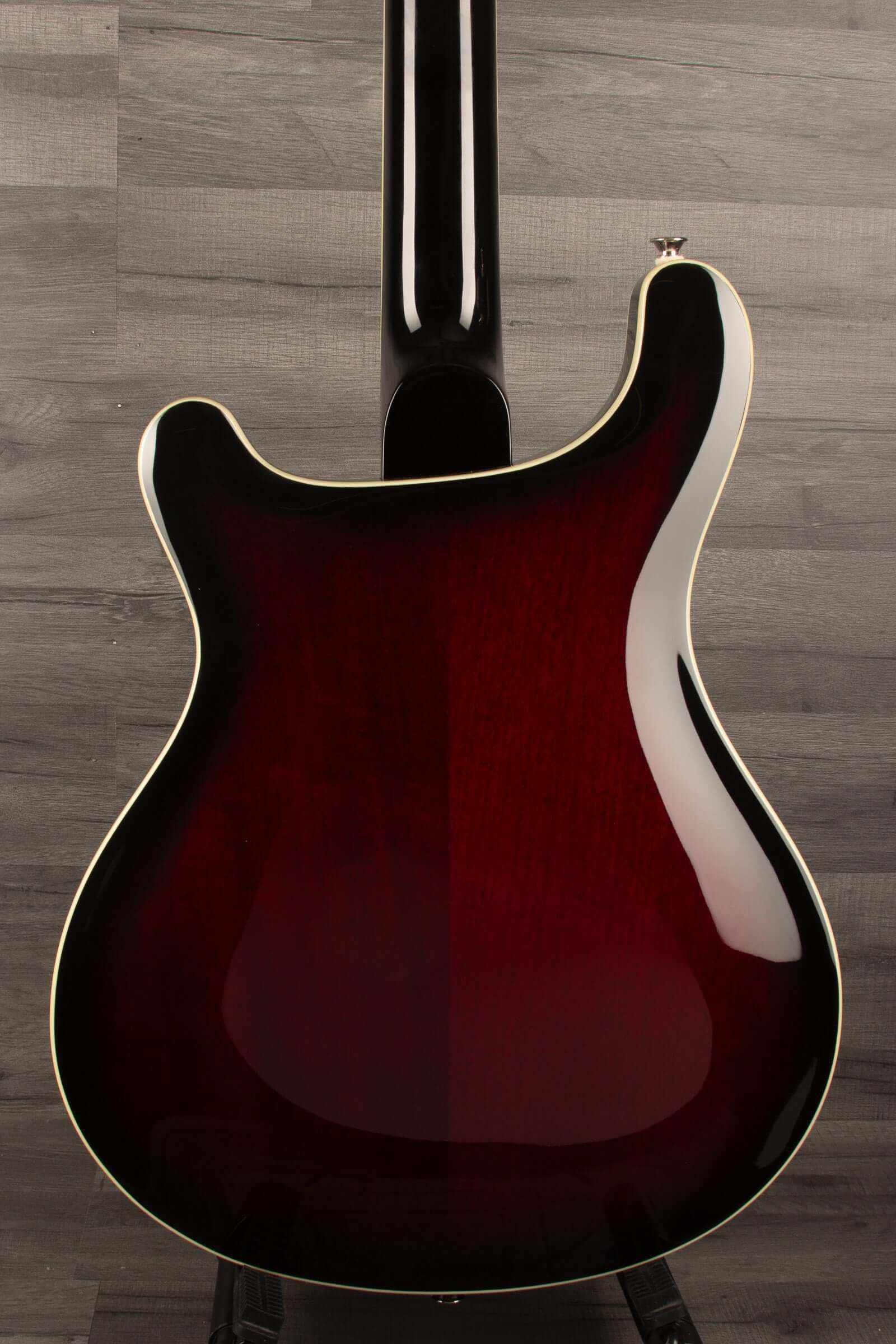Back view of a USED PRS SE Hollowbody Standard Fire Red Burst showcasing its mahogany body.