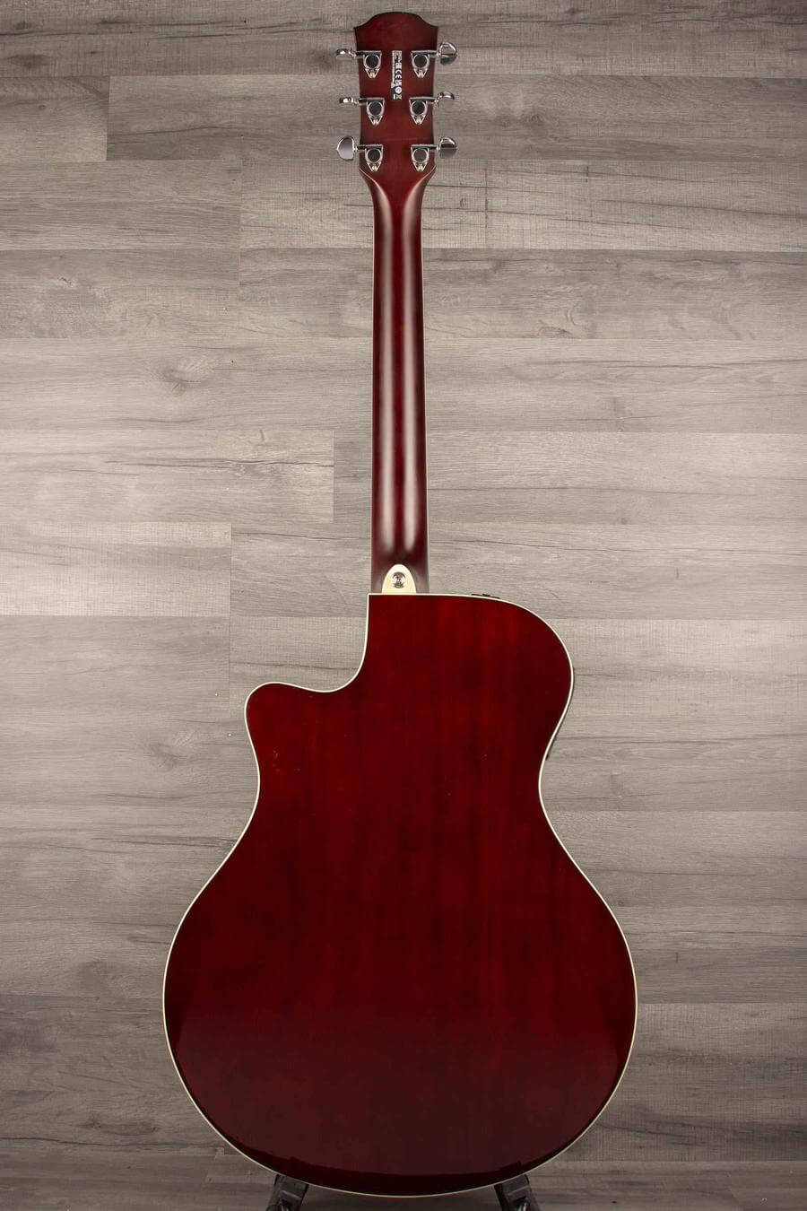 Back view of a USED Yamaha APX600 Electro Acoustic Guitar in Natural finish, showcasing its thin body and cutaway design.