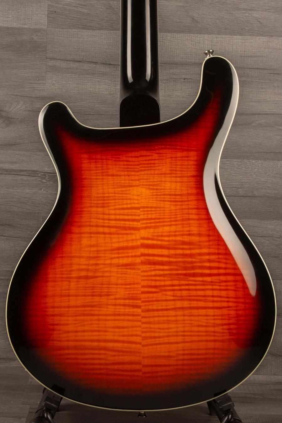 USED PRS SE Hollowbody II Electric Guitar - Tricolour Sunburst back view showcasing flamed maple finish.