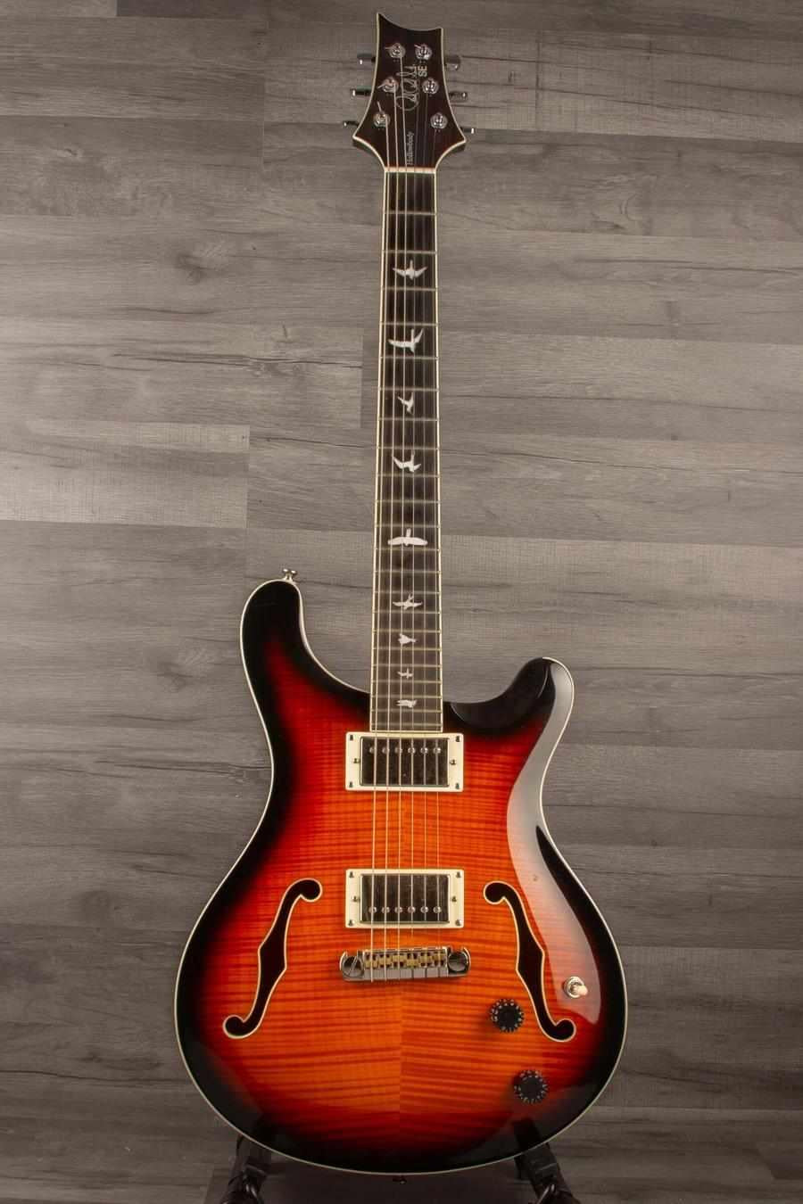 USED PRS SE Hollowbody II Electric Guitar - Tricolour Sunburst with flamed maple top on a grey background.