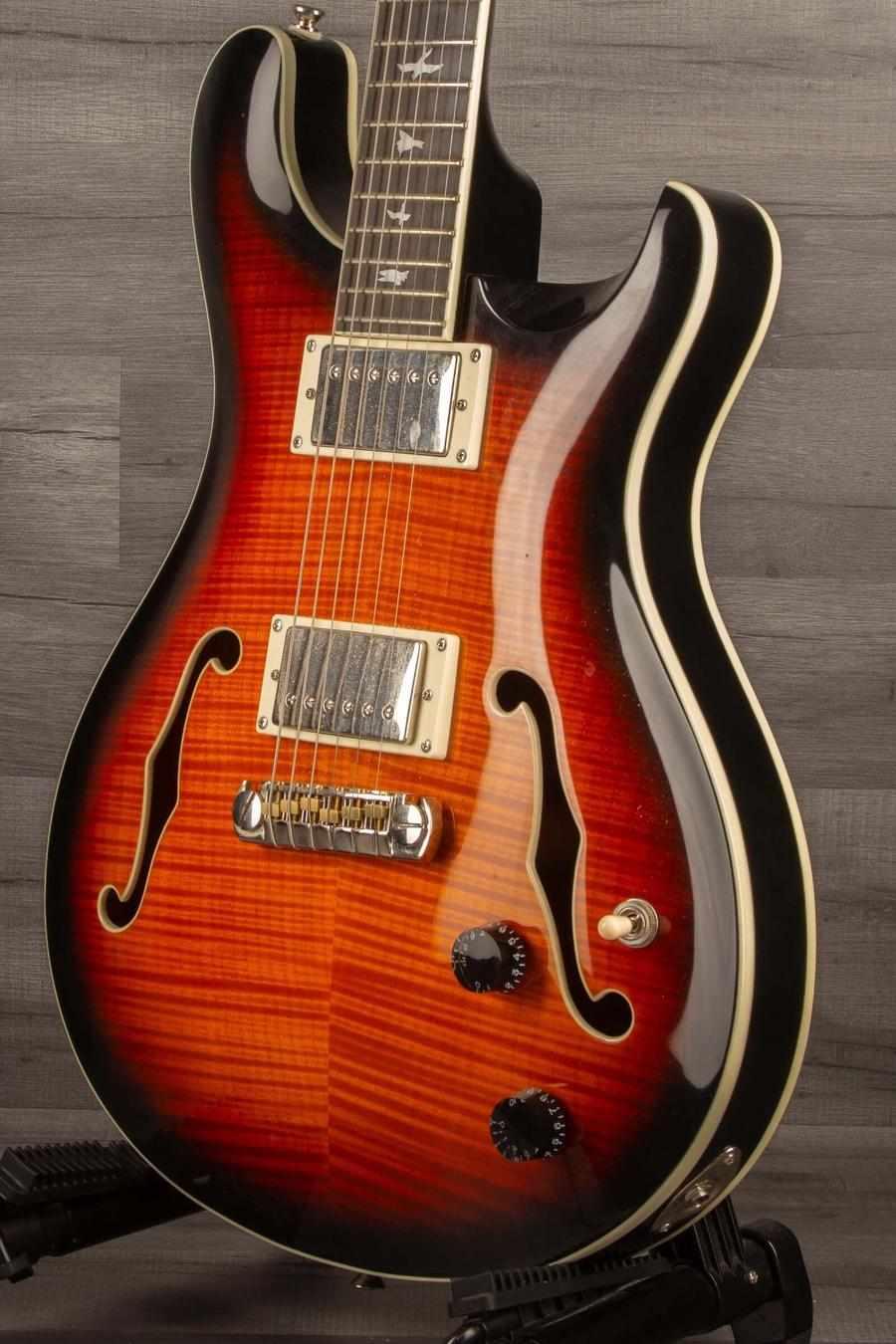 USED PRS SE Hollowbody II Electric Guitar - Tricolour Sunburst showcasing flamed maple top and sleek design.