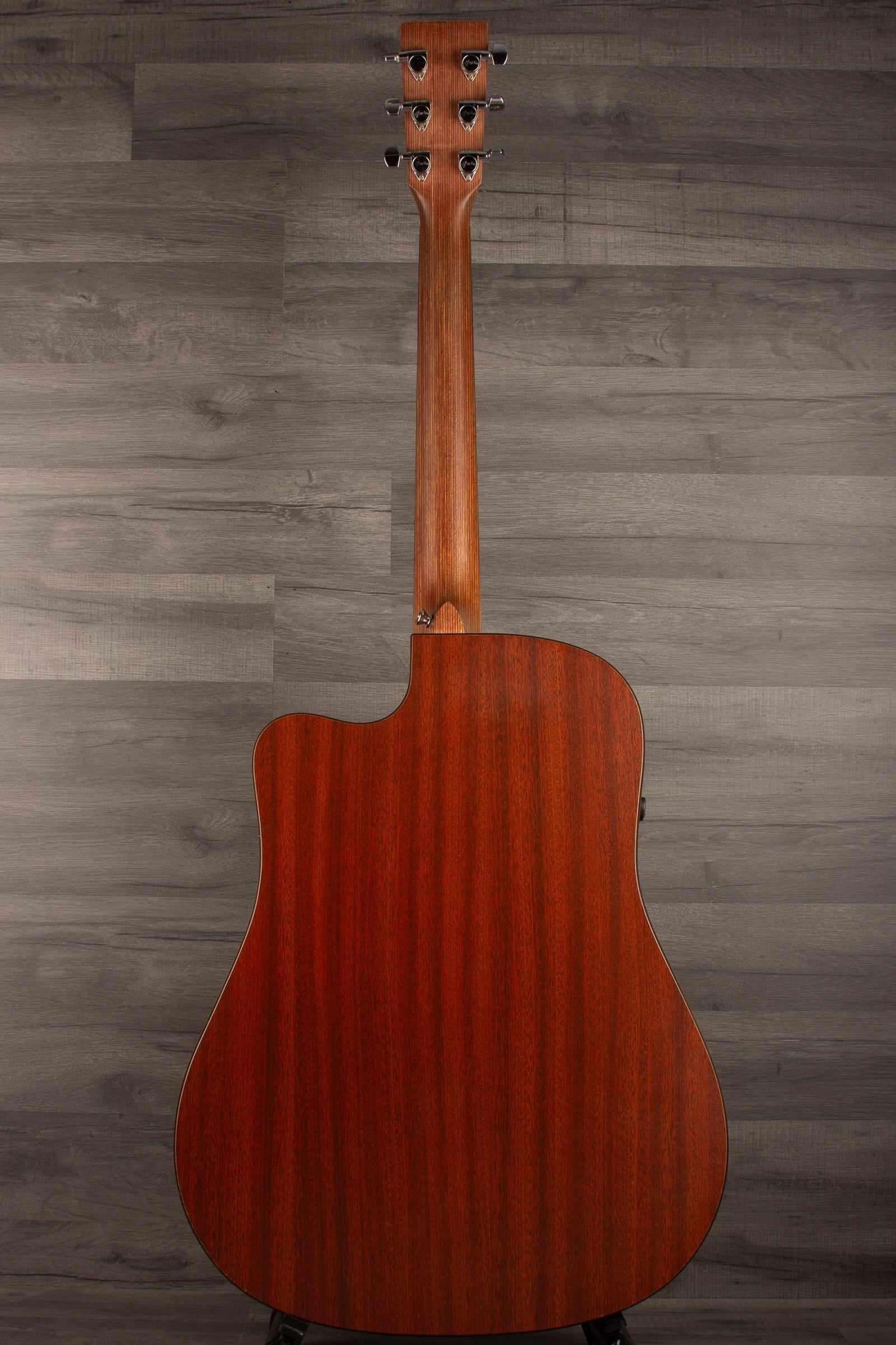 USED - Martin - DCPA5 Performing Artist Dreadnought inc hard case back view showcasing mahogany-patterned HPL.