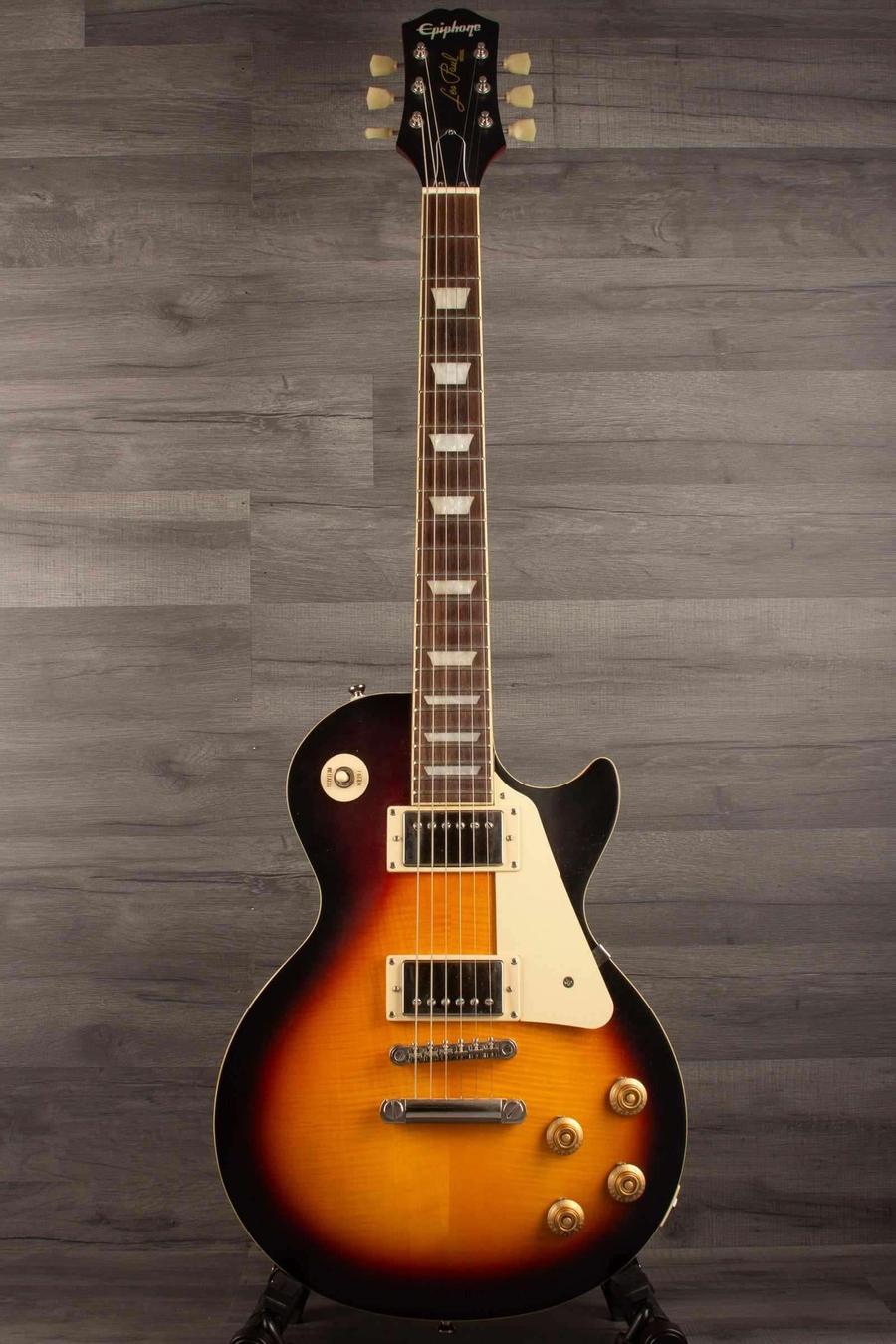 USED - Epiphone 1959 Les Paul Standard Outfit - Aged Dark Burst - inc hard case displayed on a stand.