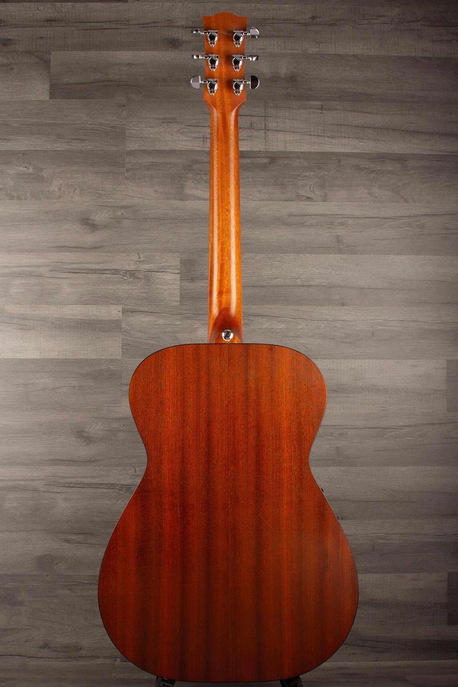 Back view of a used Maton M808 guitar showing its beautiful wood grain with a polished finish.
