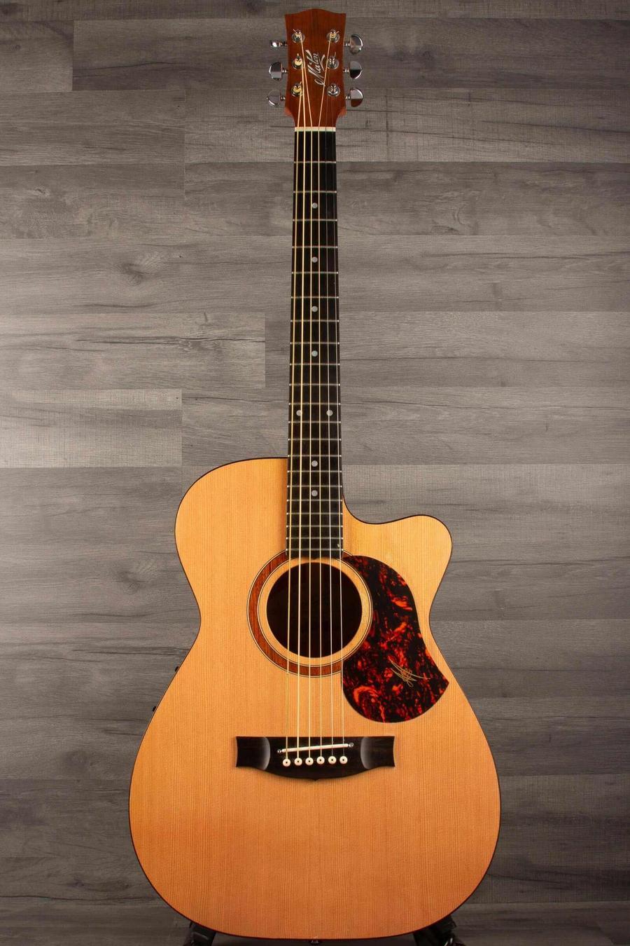 USED - Maton SRS808C Acoustic Guitar With AP5 Pro Pickup System, front view on wooden background.