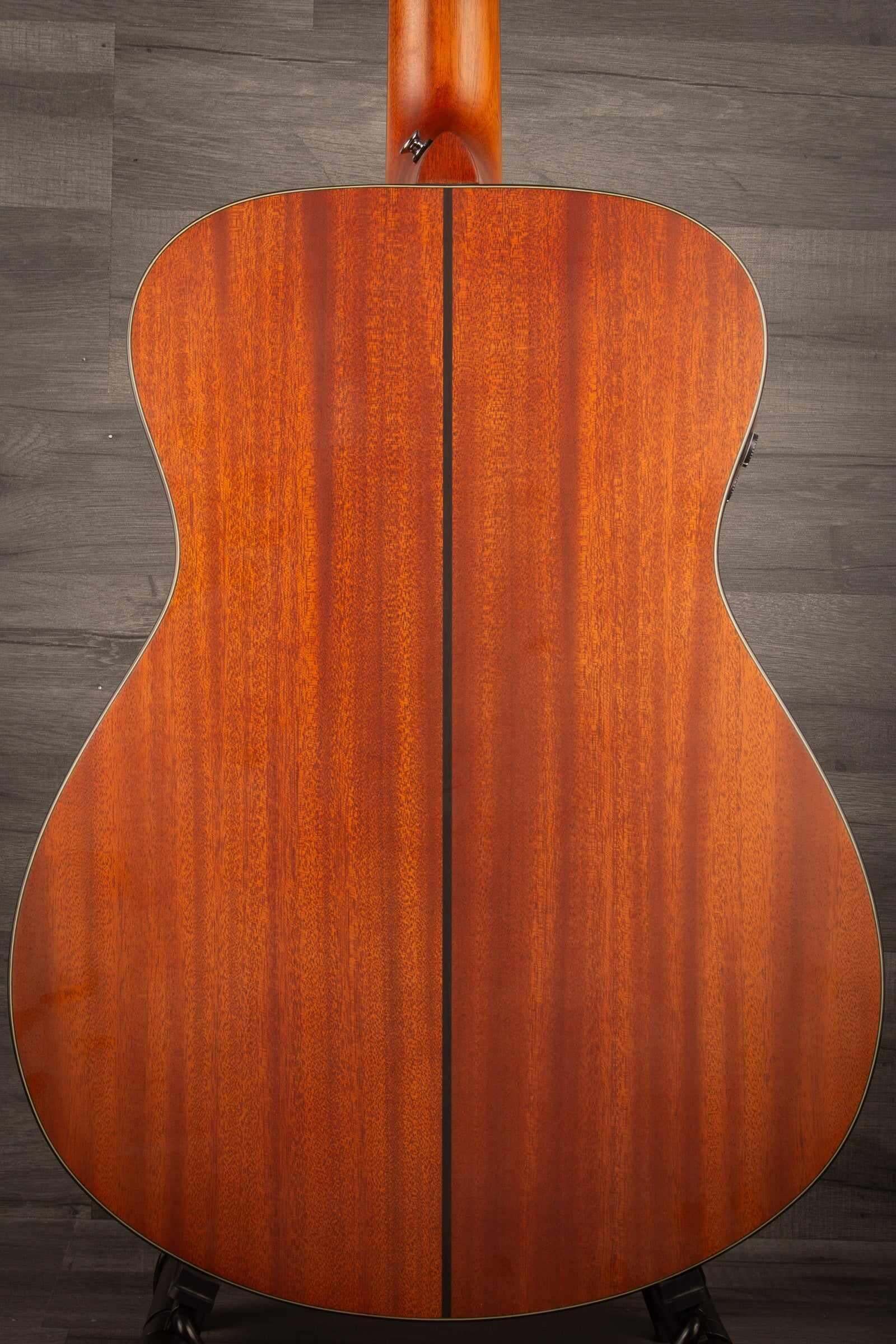 Back view of a Yamaha FSX3 II guitar showcasing its mahogany body and beautiful grain.