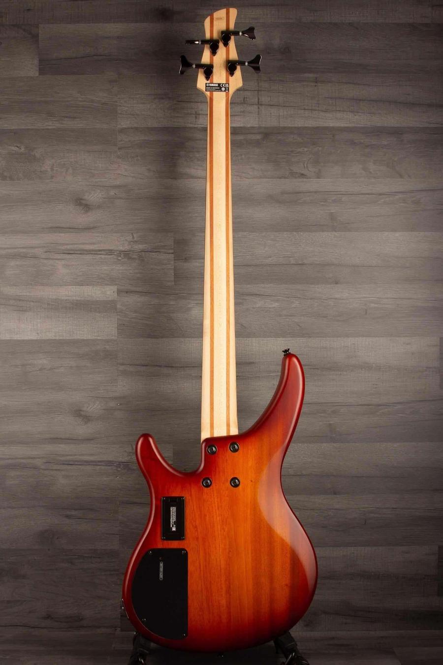Yamaha TRBX504 Brick Burst Bass Guitar back view showing mahogany body and sleek design features
