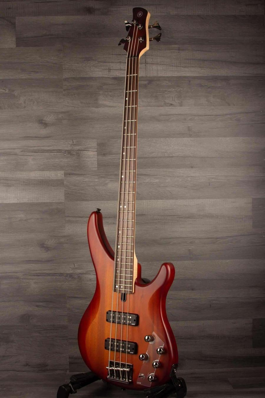 Yamaha TRBX504 Brick Burst Bass Guitar with mahogany body in Translucent Brown finish.