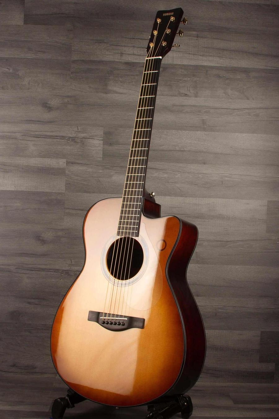 Yamaha TAS3C TransAcoustic Guitar - Sandburst with solid spruce top and mahogany body, showcasing warm tones and concert cutaway design.