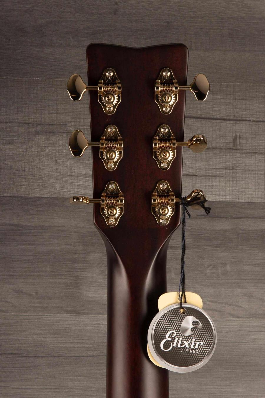 Yamaha TAS3C TransAcoustic Guitar - Sandburst headstock with gold tuning machine heads and Elixir strings tag