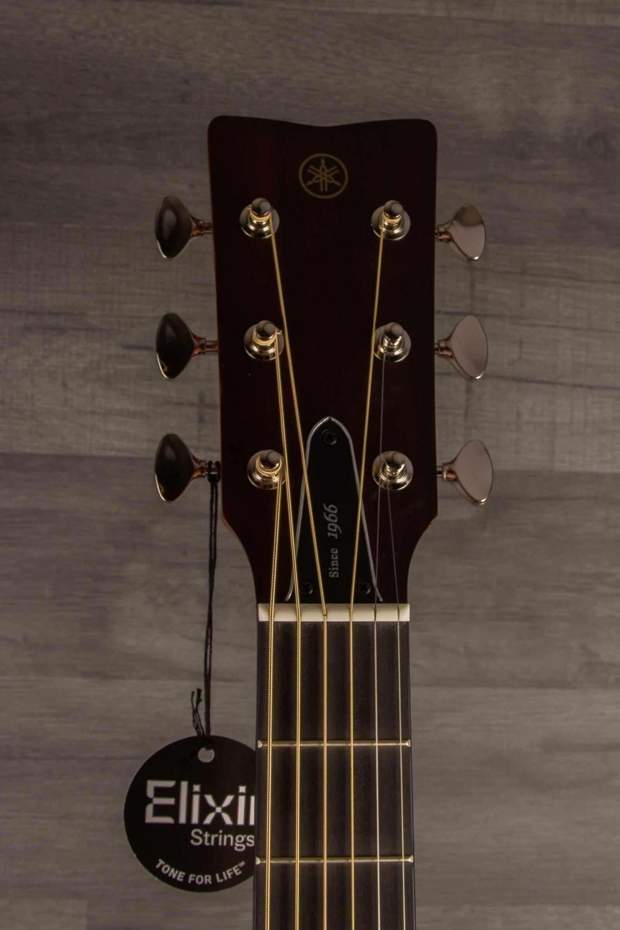 Yamaha FG5G - Acoustic Guitar headstock with Elixir Strings tag and tuning pegs