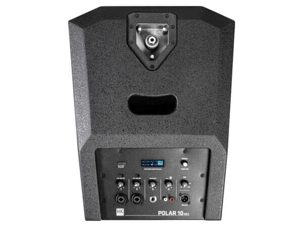 POLAR 10 MK2 Column PA System in Black rear view showcasing inputs and controls.