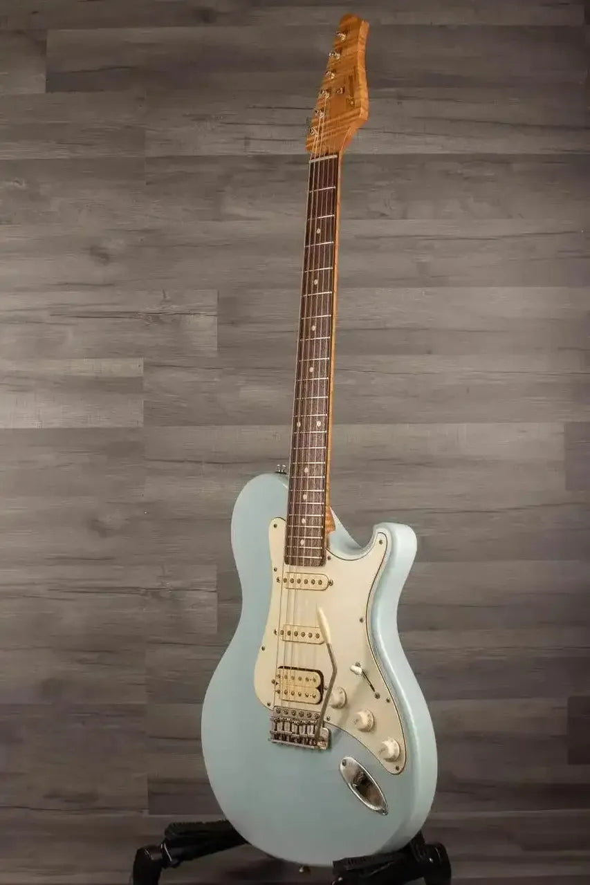 USED - Seth Baccus Shoreline HSS Electric Guitar, Daphne Blue Relic - 6-String displayed on a stand.