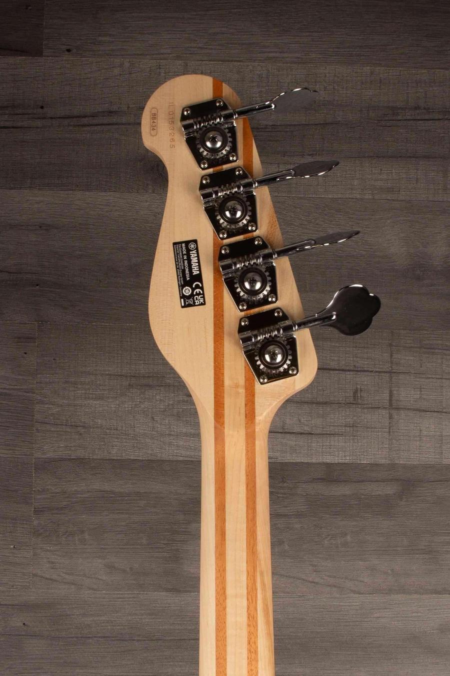 Yamaha BB434 Sunburst bass guitar headstock showing tuning pegs and construction details.