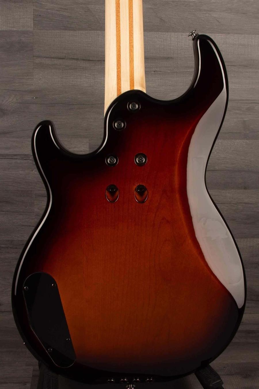 Back view of Yamaha BB434 Sunburst electric bass guitar showcasing its solid alder body and five-piece neck.