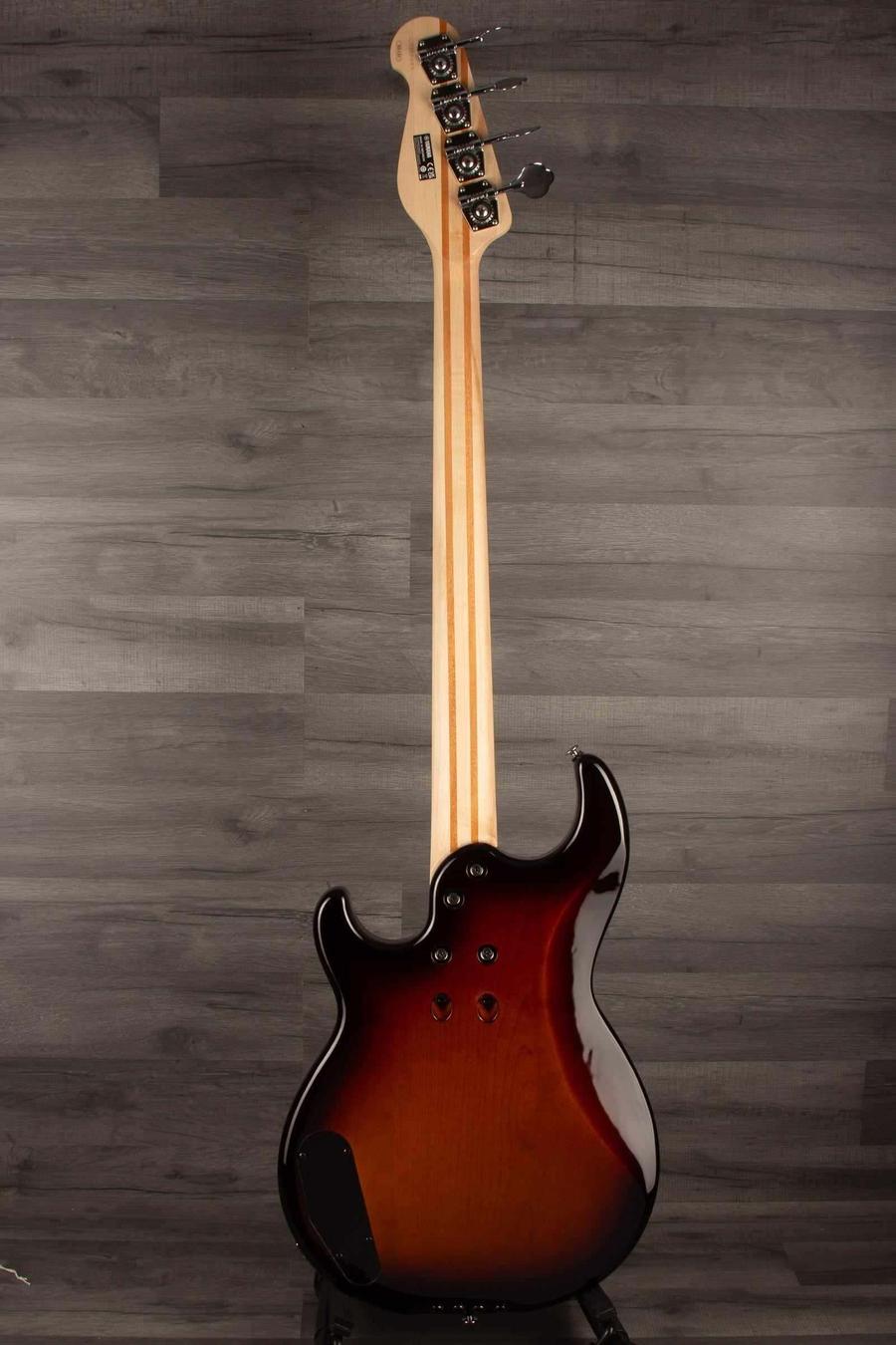Yamaha BB434 Sunburst back view showcasing solid alder body and smooth maple neck