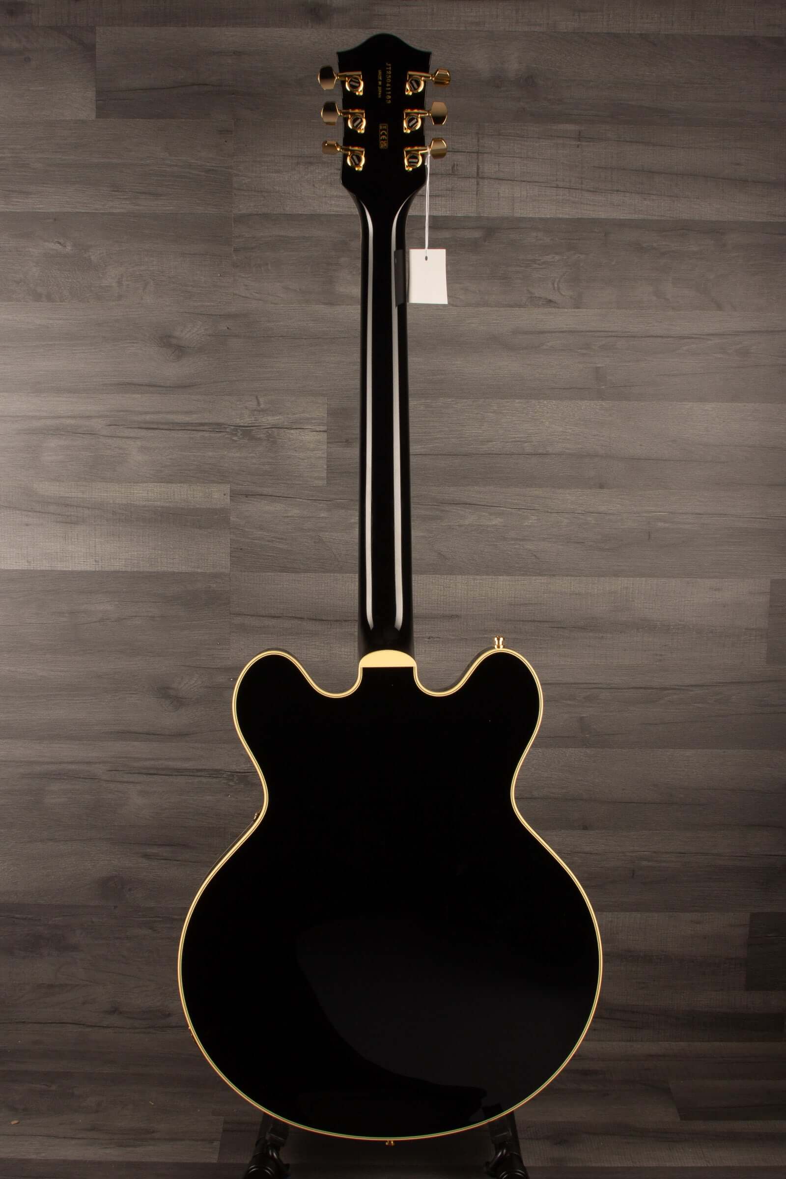 Gretsch Broadkaster® LX Center Block guitar back view in black finish with gold hardware and elegant design.