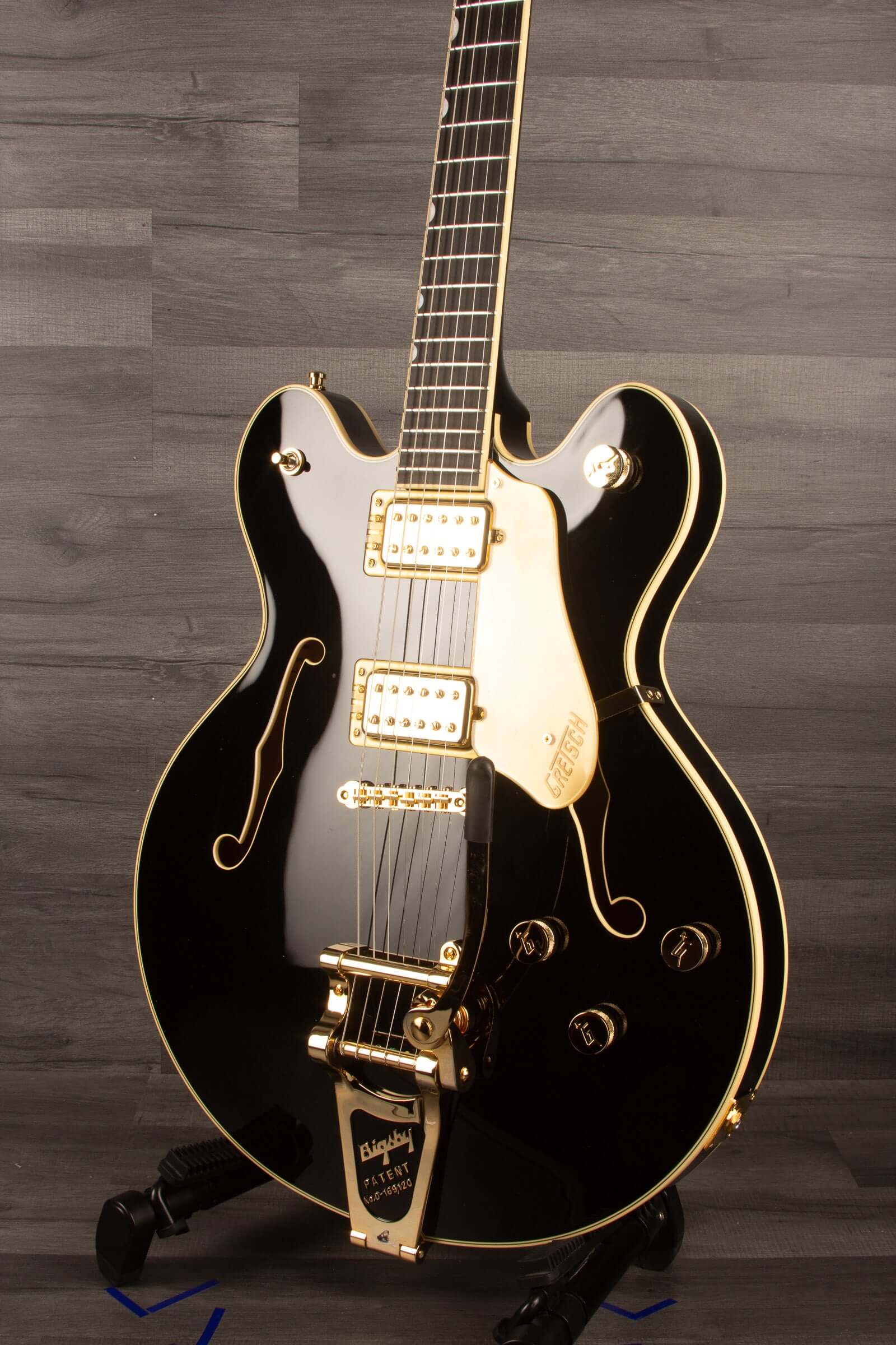 Gretsch Broadkaster® LX Center Block guitar in black with gold hardware and ebony fingerboard.