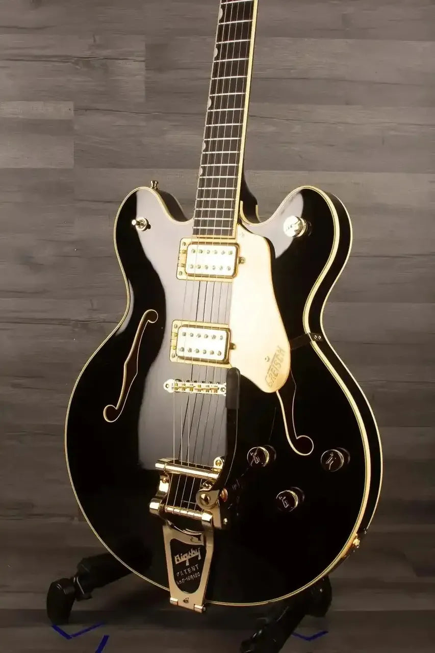 Gretsch Broadkaster® LX Center Block guitar in black with gold hardware and ebony fingerboard.