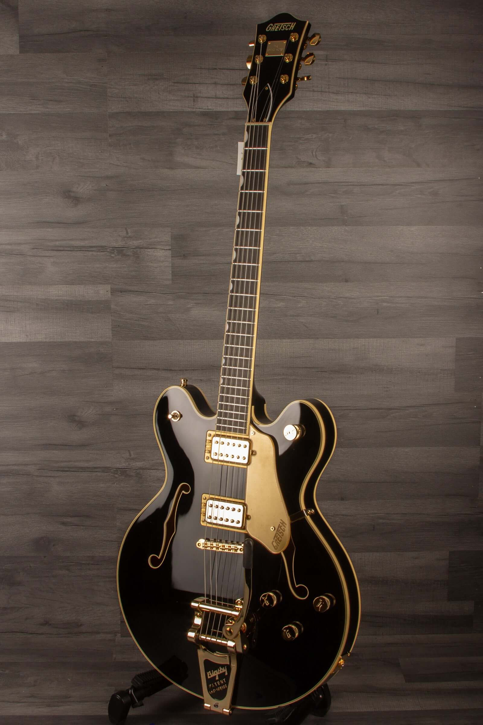 Gretsch Broadkaster® LX Center Block guitar in black with gold hardware and ebony fingerboard.