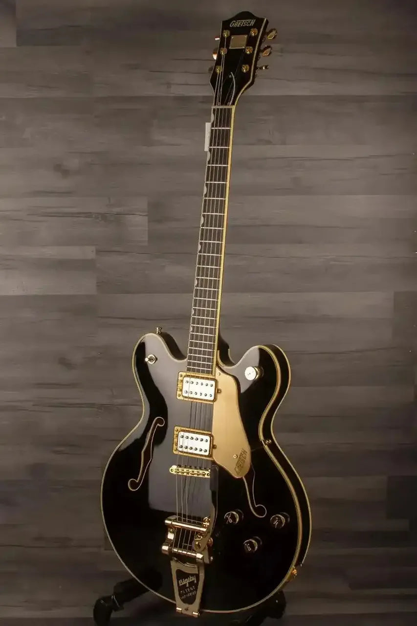 Gretsch Broadkaster® LX Center Block guitar in black with gold hardware and ebony fingerboard.