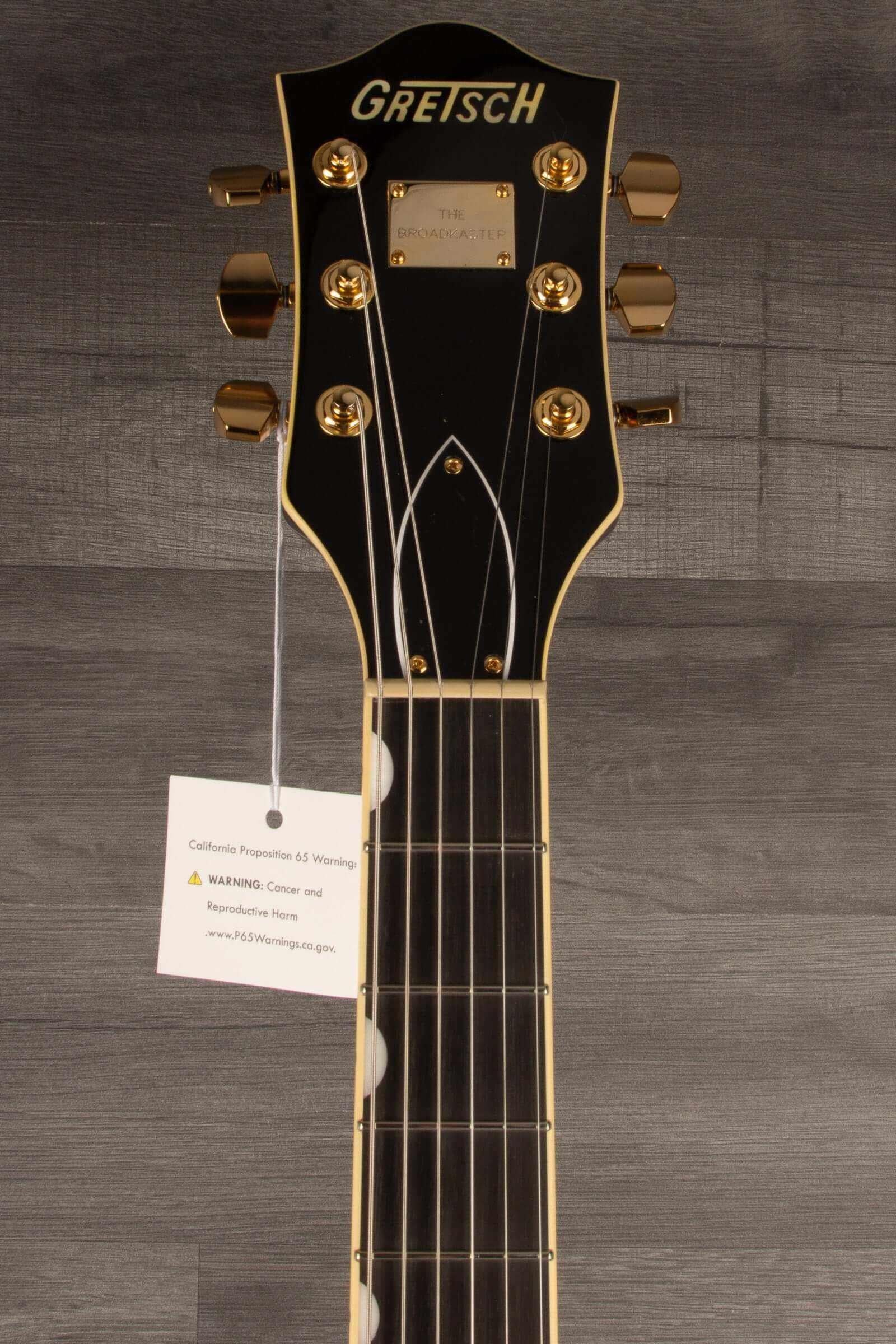 Gretsch Broadkaster® LX Center Block guitar headstock with gold hardware and ebony fingerboard.