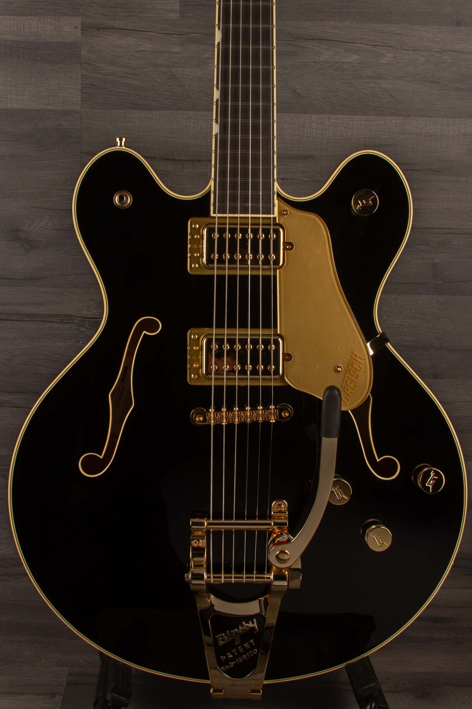 Gretsch Broadkaster® LX Center Block guitar in black with gold hardware and String-Thru Bigsby®, showcasing an ebony fingerboard.