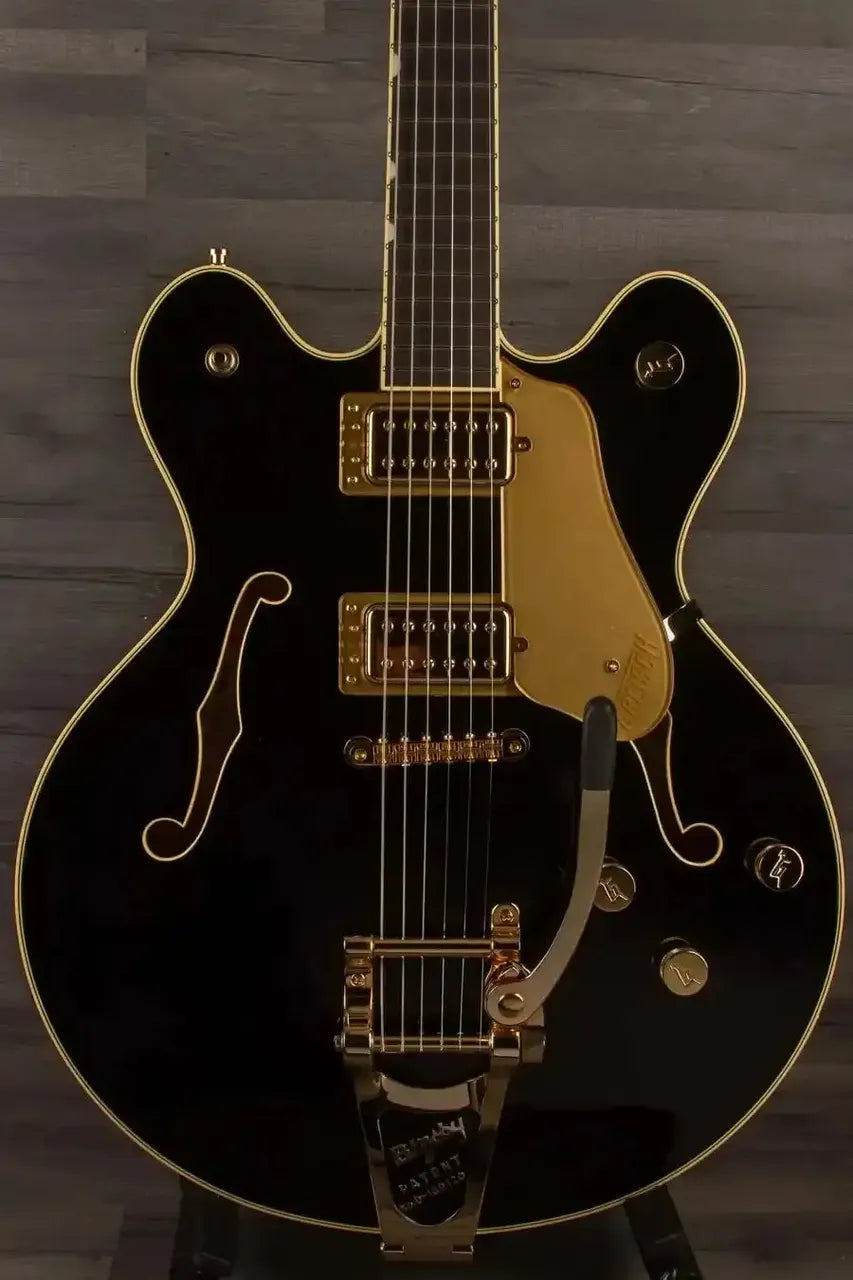 Gretsch Broadkaster® LX Center Block guitar in black with gold hardware and String-Thru Bigsby®, showcasing an ebony fingerboard.