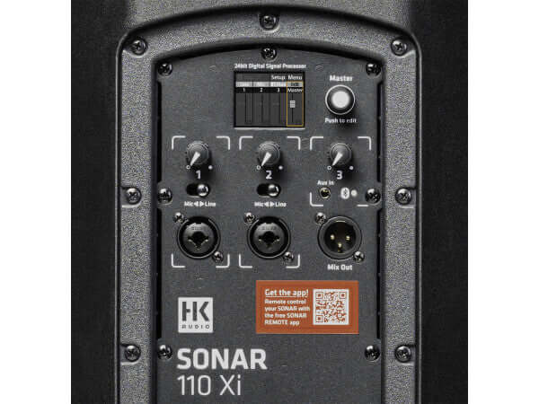 HK SONAR 110 Xi - 10" Full-Range Active Loudspeaker back panel with input controls and setup options.