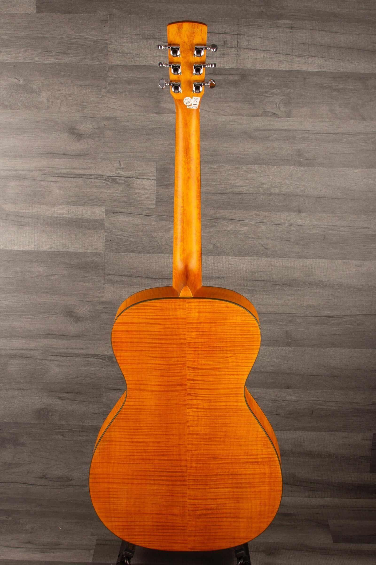 Epiphone Dobro Hound Dog Deluxe Round Neck back view showcasing flame maple body and resonator design.