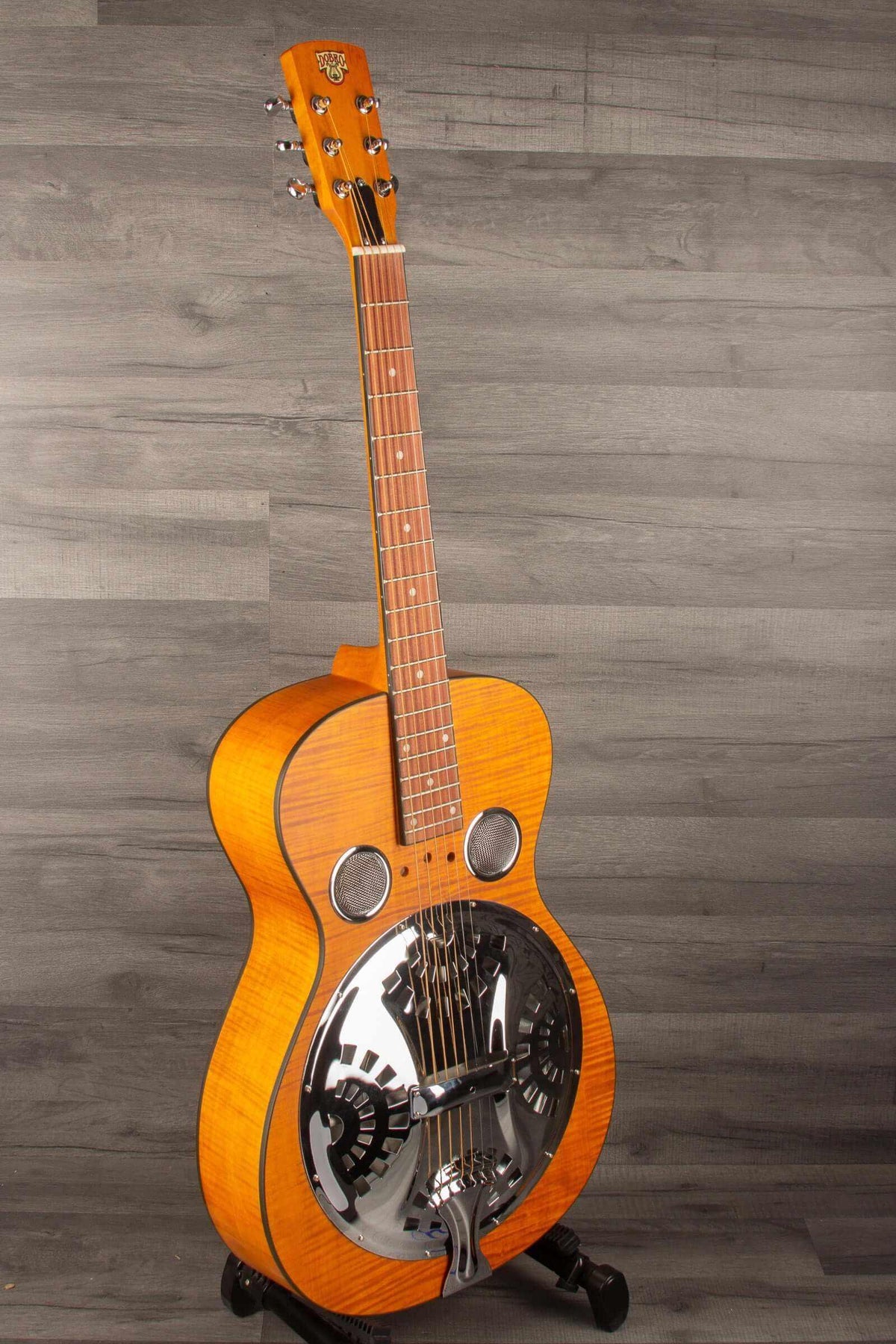 Epiphone Dobro Hound Dog Deluxe Round Neck resonator guitar with flame maple body and chrome resonator cover.