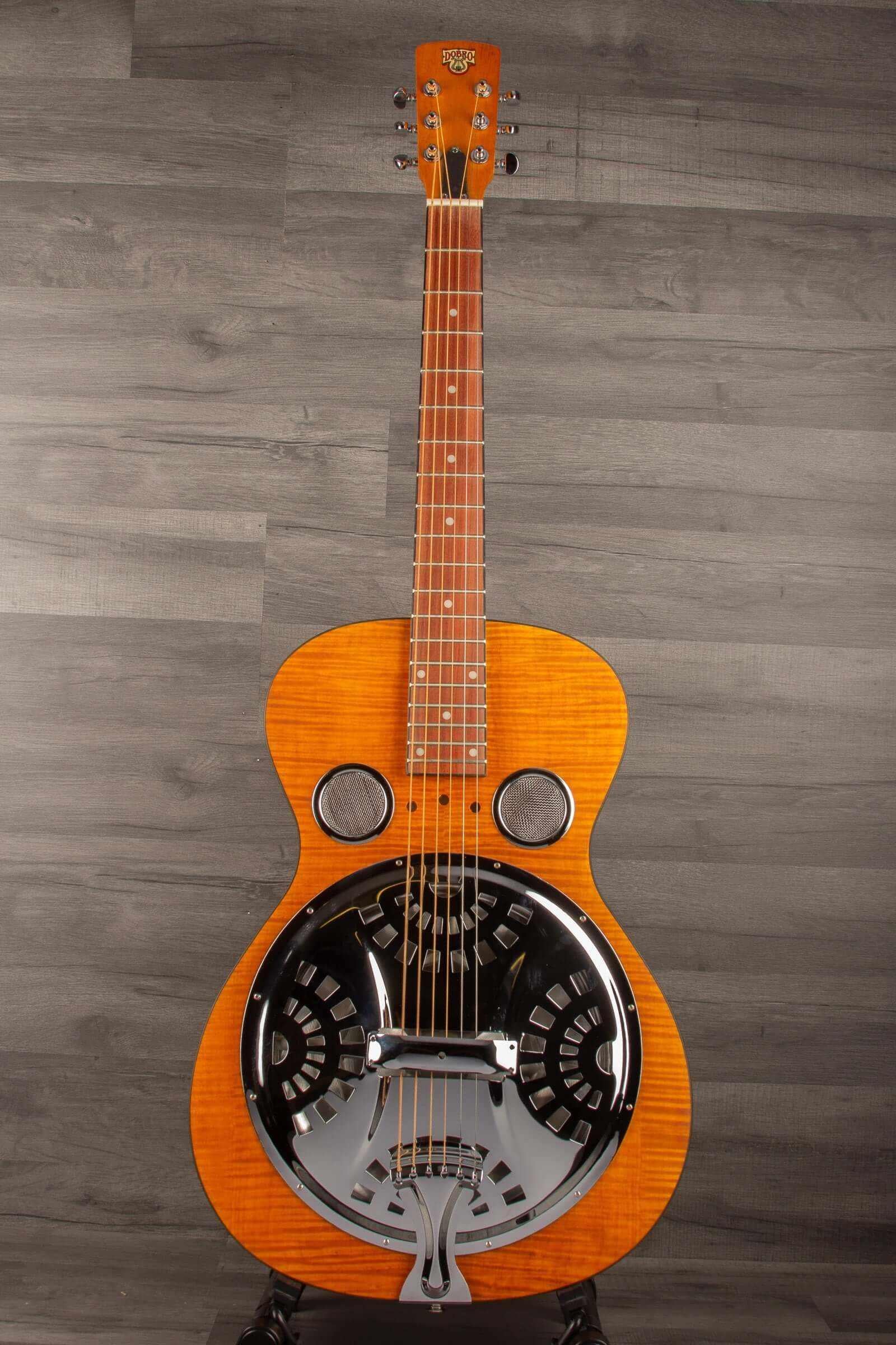 Epiphone Dobro Hound Dog Deluxe Round Neck showcasing flame maple body and resonator design.