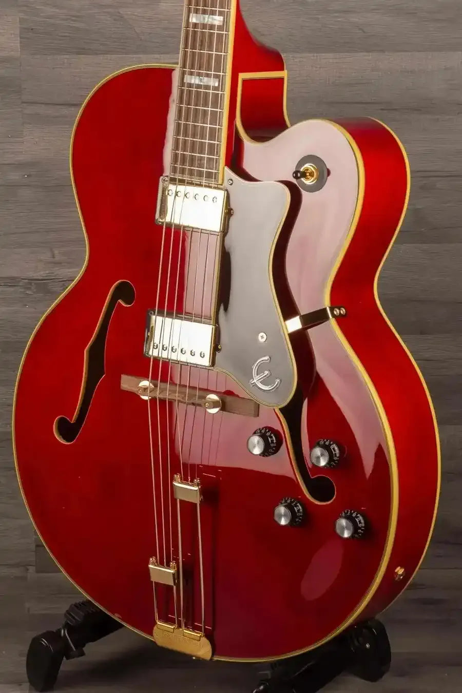Epiphone Broadway Electric Guitar - Wine Red, Includes Premium Gig Bag showcased, highlighting Alnico Classic PRO humbuckers.