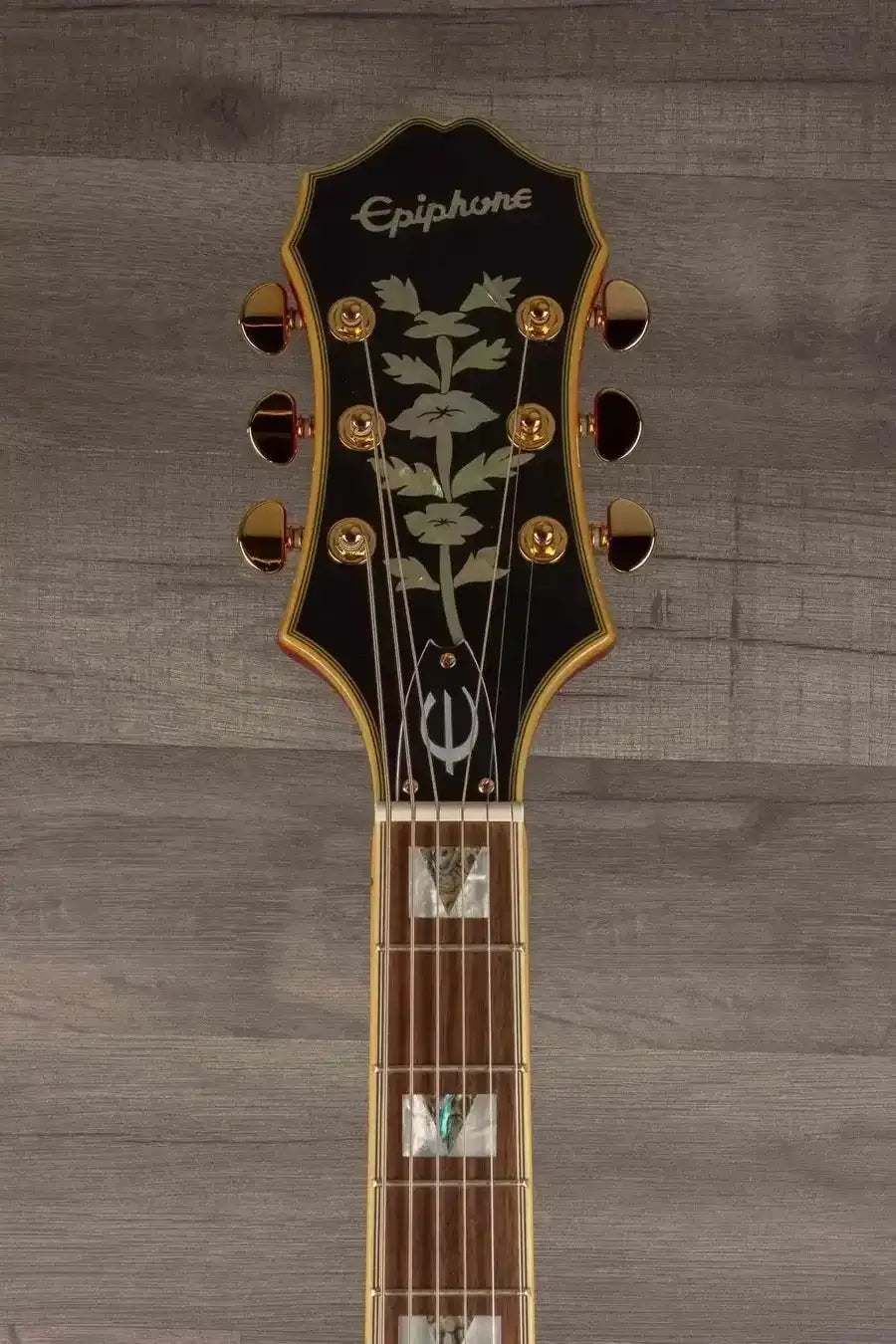 Epiphone Broadway Electric Guitar - Wine Red, Includes Premium Gig Bag headstock detail with decorative inlays.