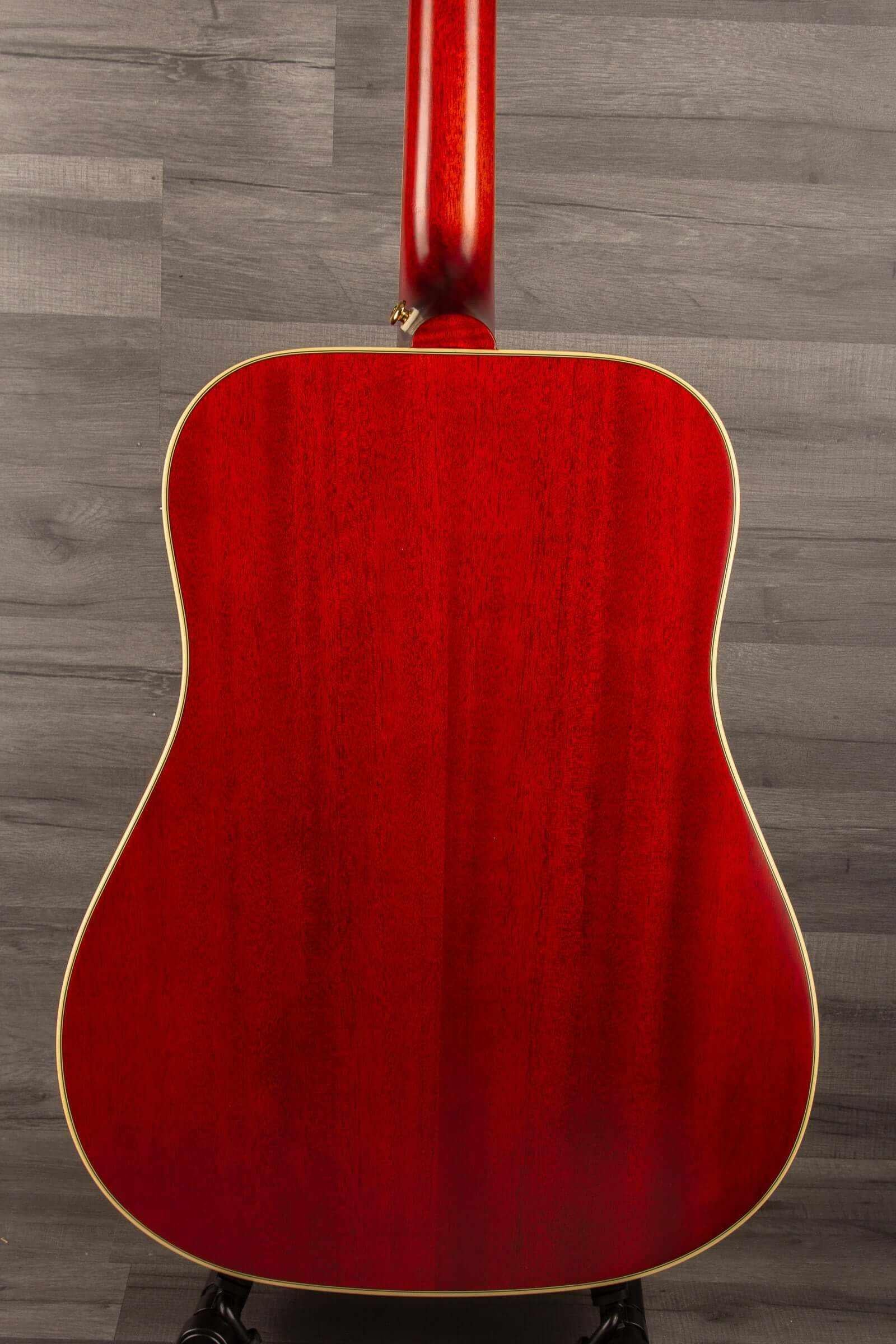 Back view of the Epiphone Inspired by Gibson Hummingbird all Solid / Fishman Sonitone - Cherry sunburst gloss guitar.