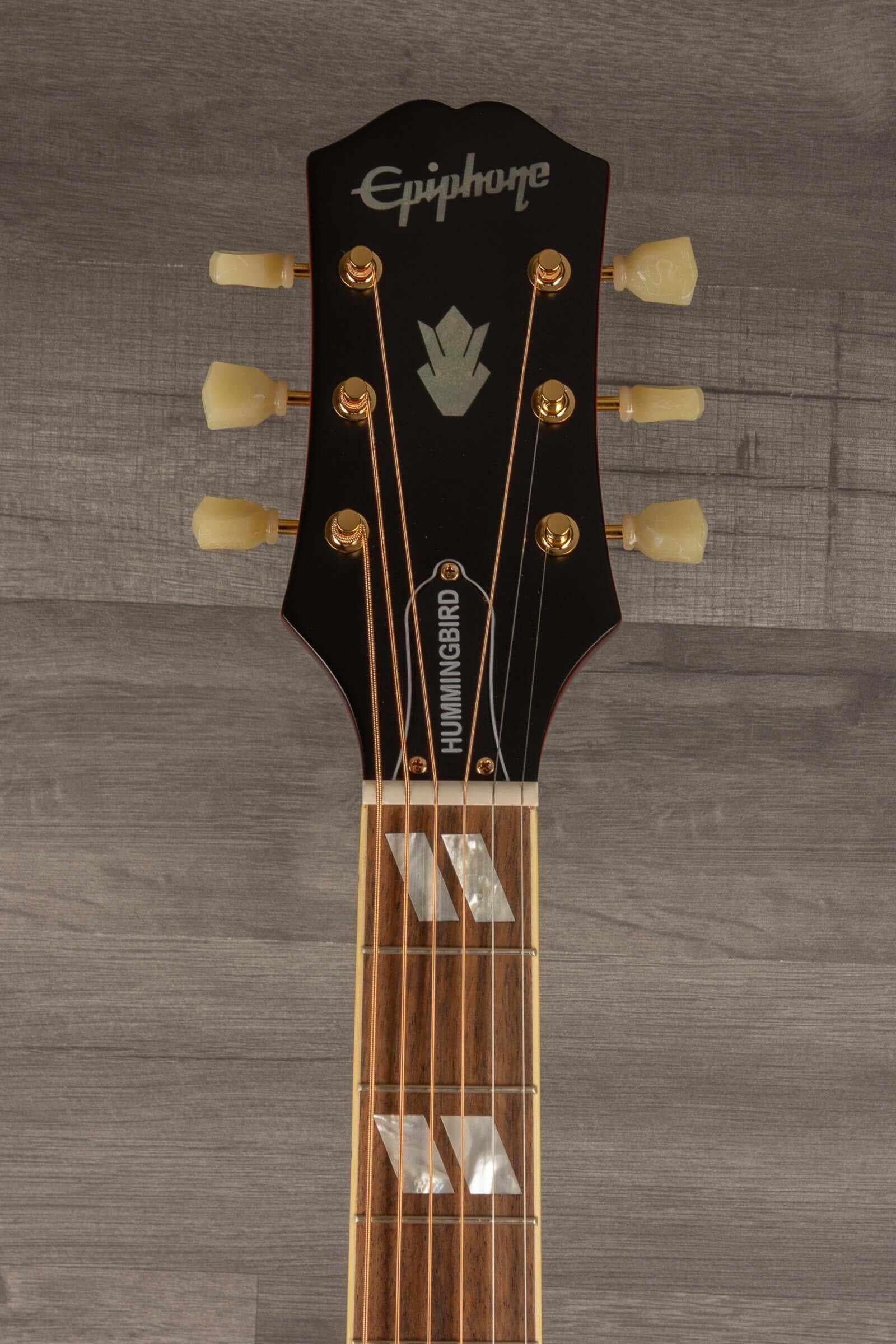 Epiphone Inspired by Gibson Hummingbird all Solid / Fishman Sonitone - Cherry sunburst gloss guitar headstock close-up