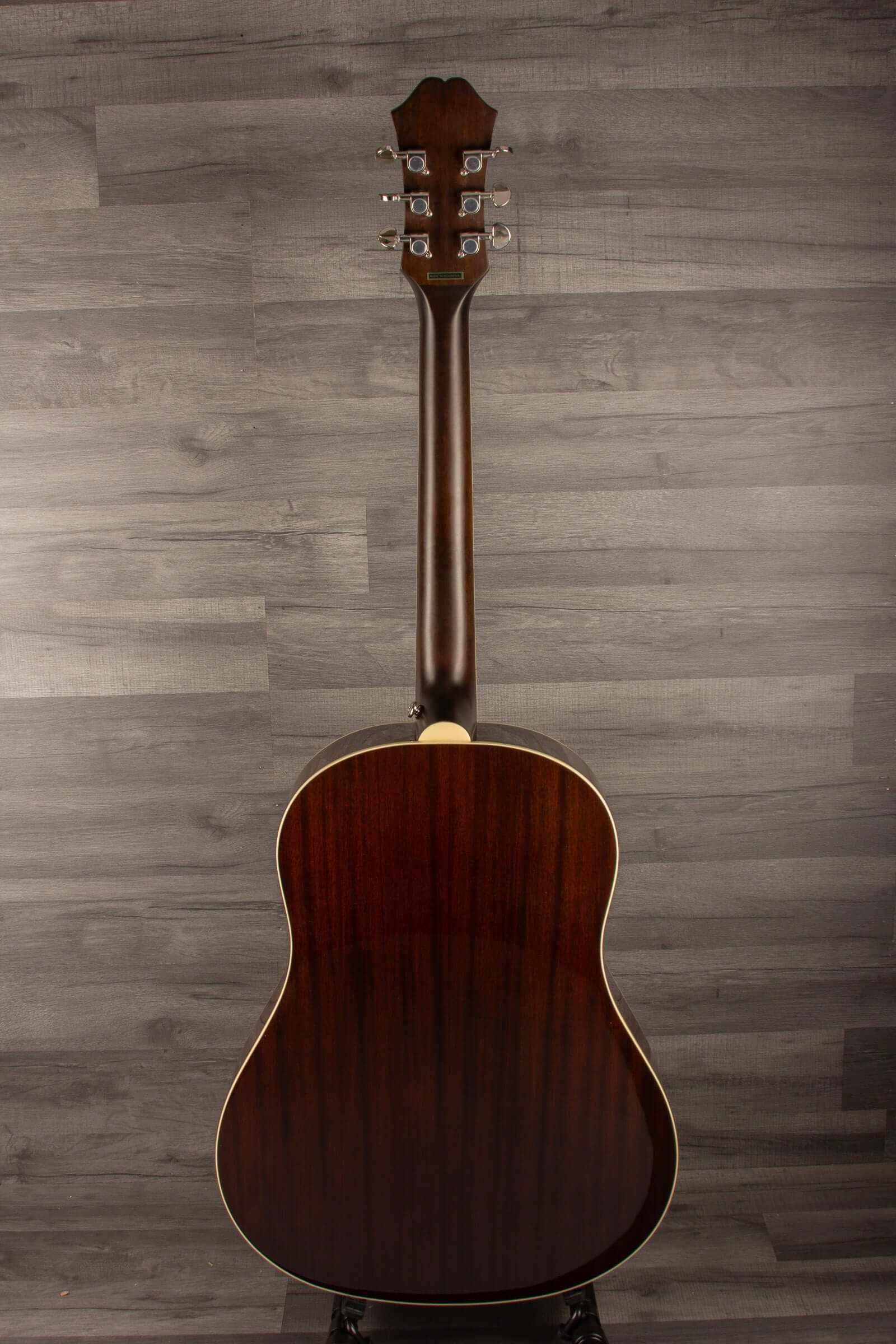 Epiphone J45 Studio Solid Top - Natural, Acoustic Guitar back view showcasing solid mahogany craftsmanship.