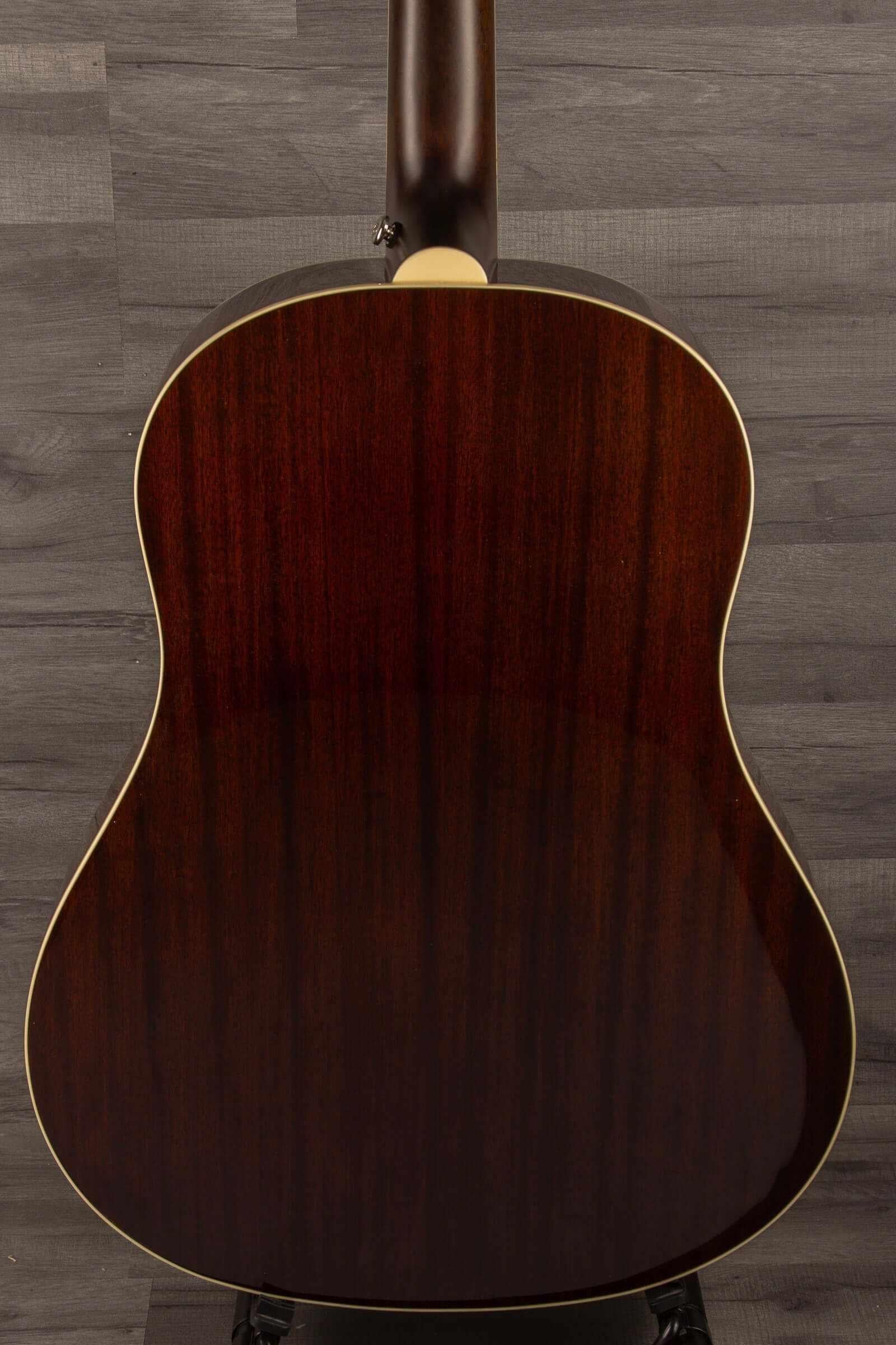 Back view of Epiphone J45 Studio Solid Top - Natural, Acoustic Guitar showcasing its beautiful wood finish.