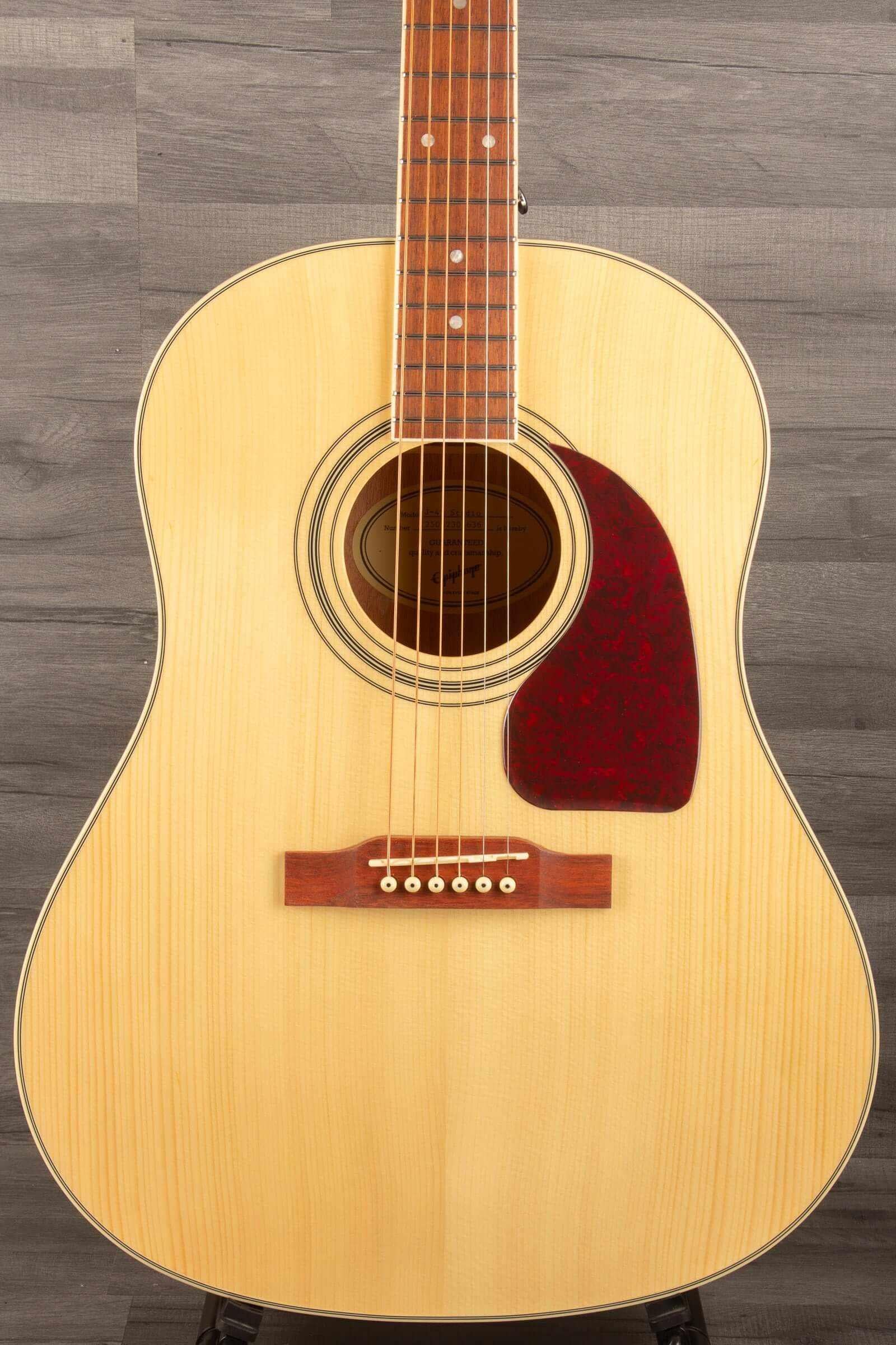 Epiphone J45 Studio Solid Top - Natural, Acoustic Guitar front view with solid mahogany top.