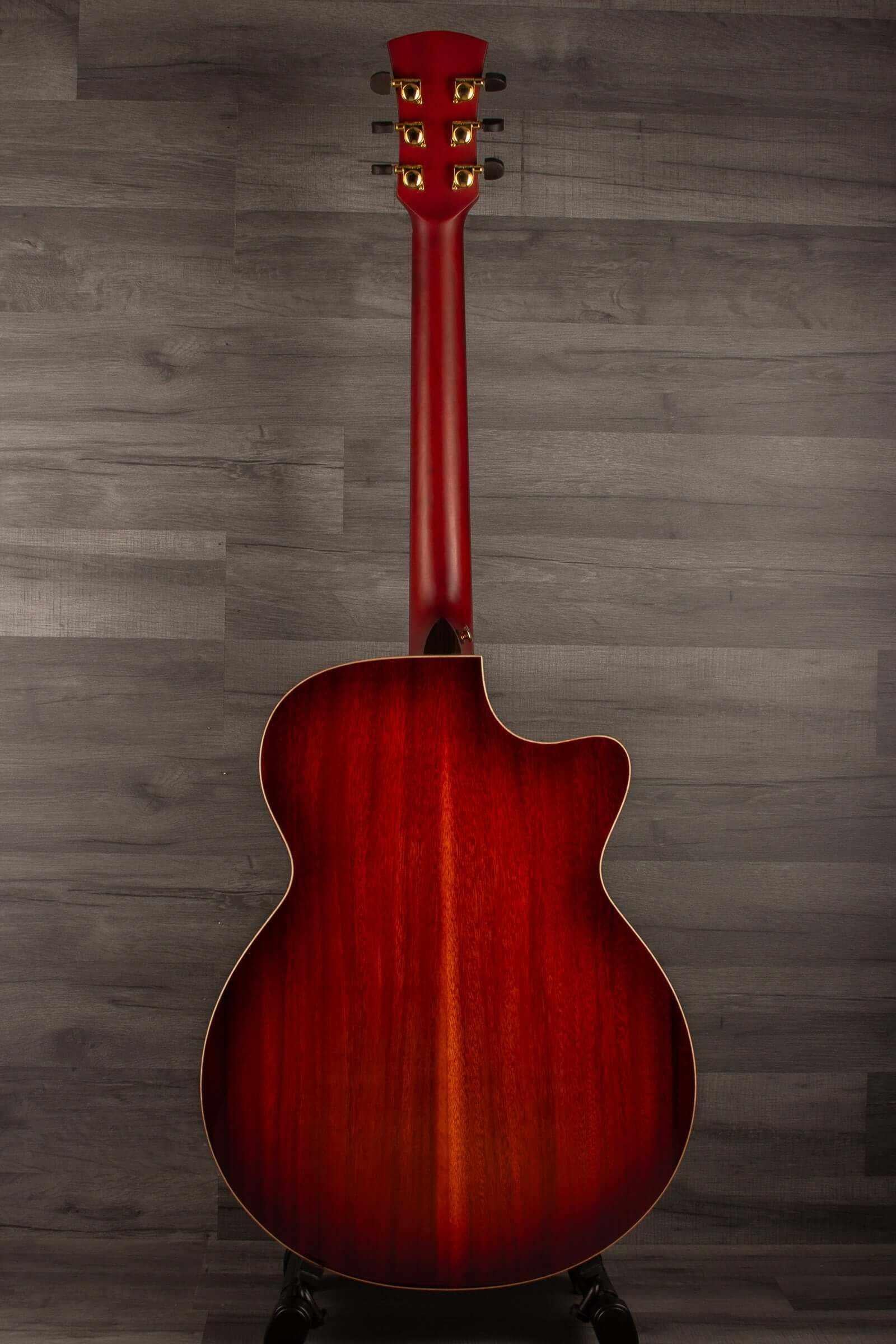 Faith BLOOD MOON Series Venus CE LH Inc Case back view showcasing the glossy finish and unique wood grain.
