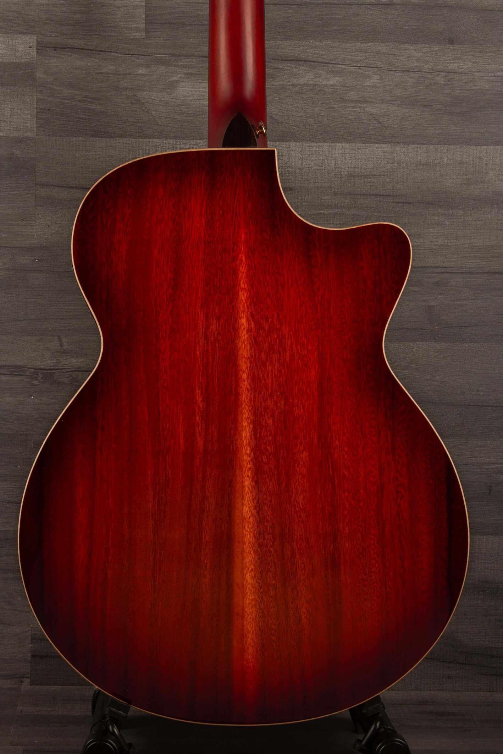 Faith BLOOD MOON Series Venus CE LH Inc Case guitar back view with rich red gloss finish.