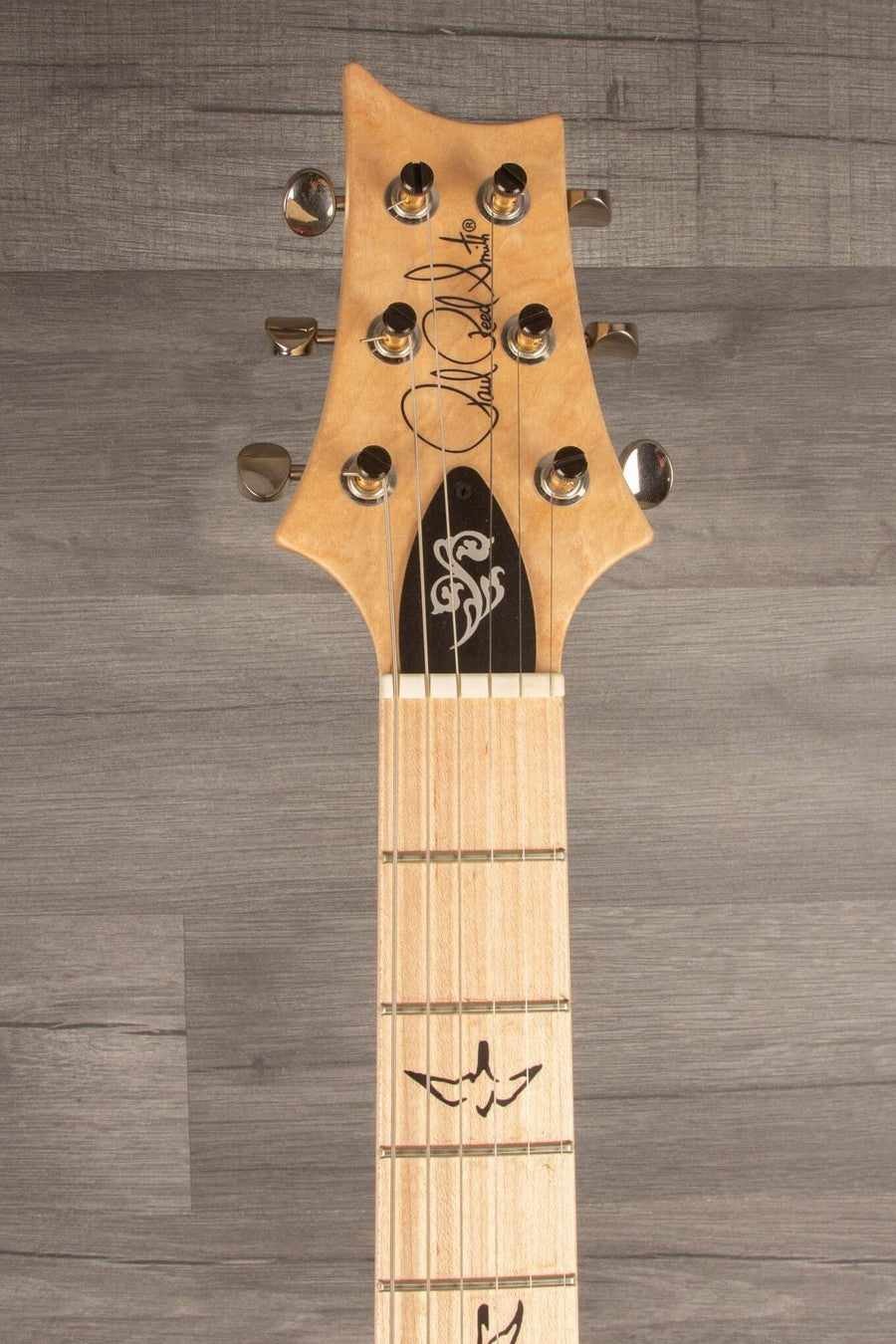 USED - PRS Mark Lettieri Signature Fiore Amaryllis guitar headstock with unique design and pearl inlays.