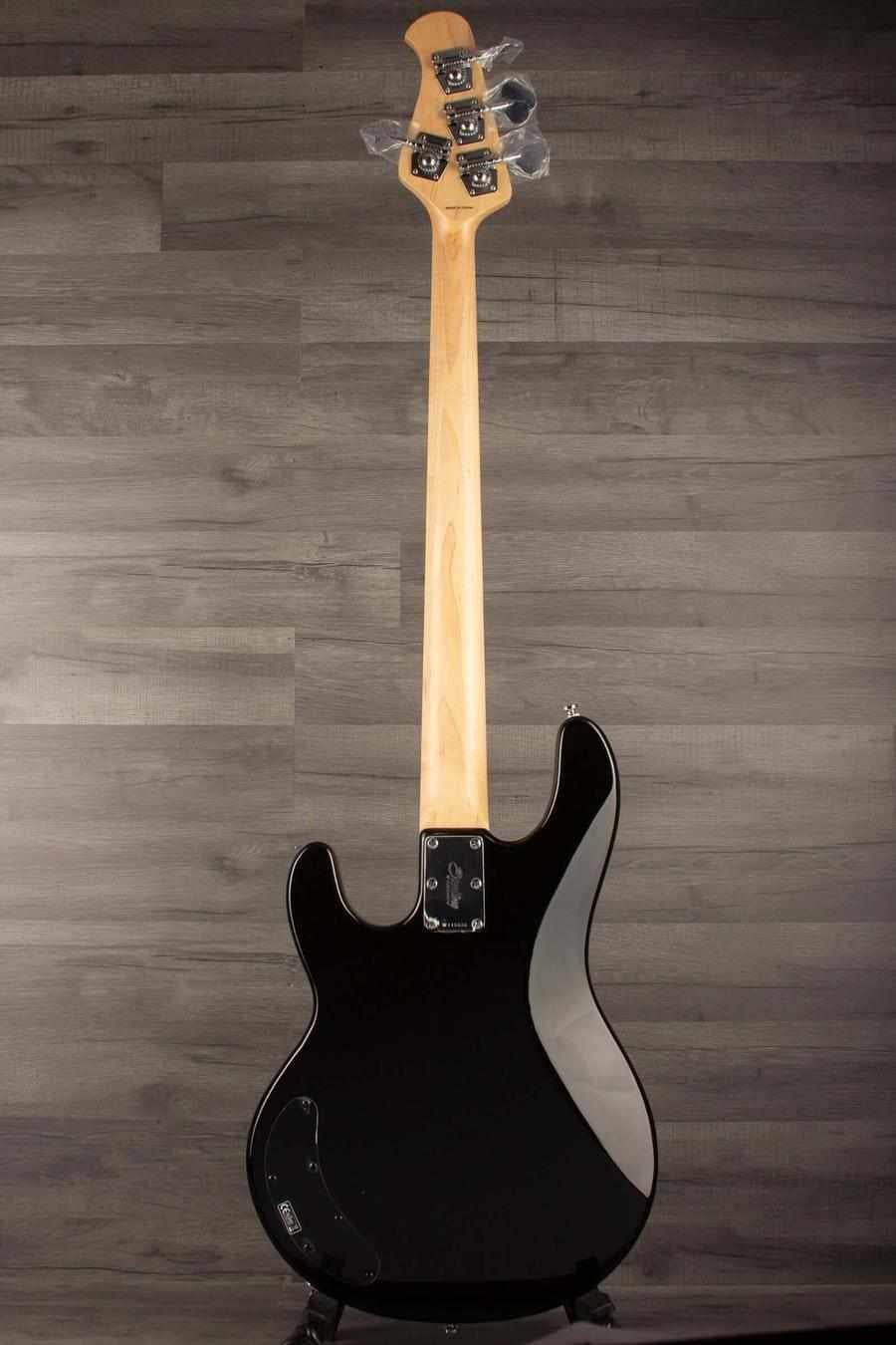 Sterling Stingray Intro series RAY2 Bass Guitar - Black back view showcasing the body and neck design.
