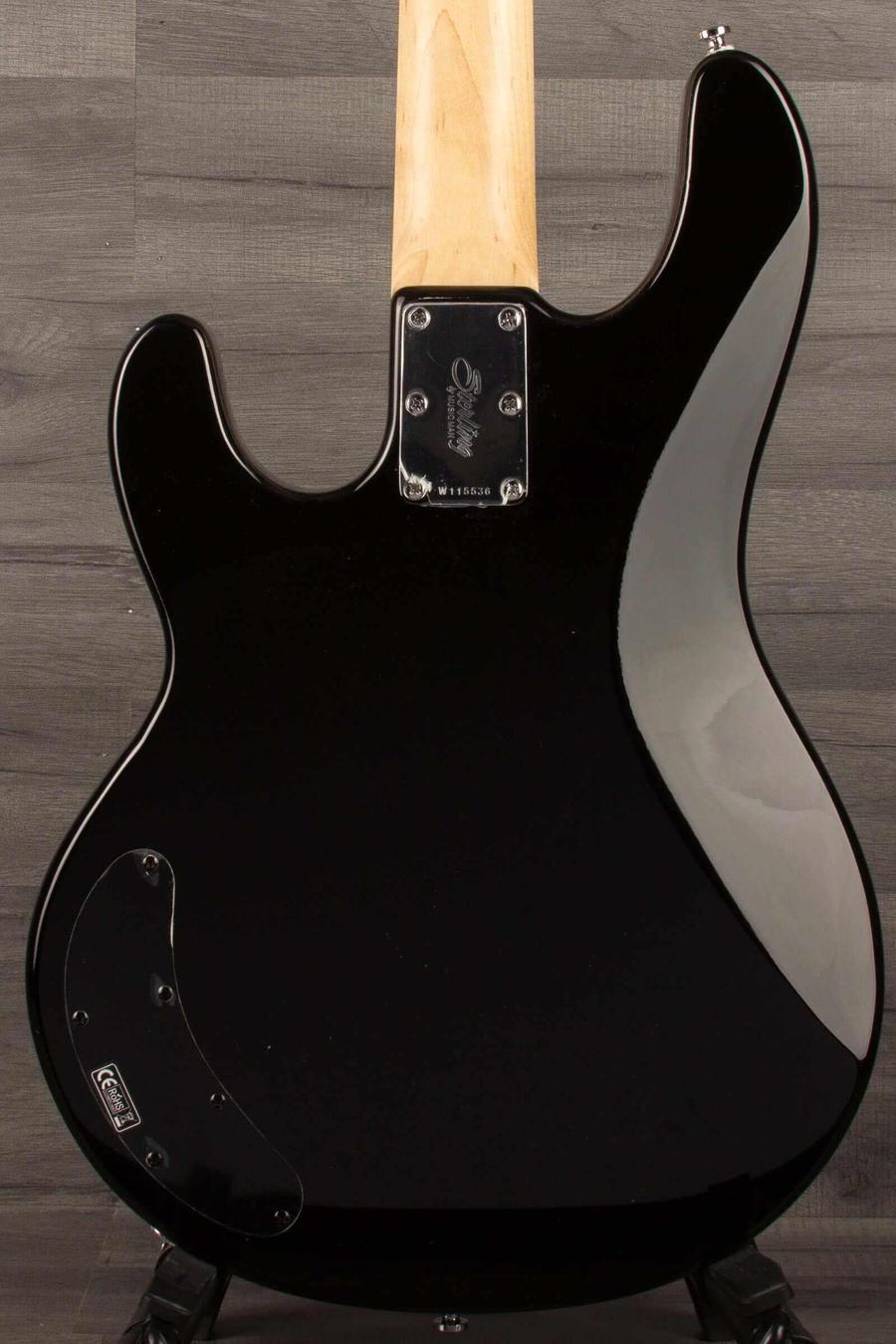 Sterling Stingray Intro series RAY2 Bass Guitar - Black back view showcasing the sleek finish and hard maple neck.