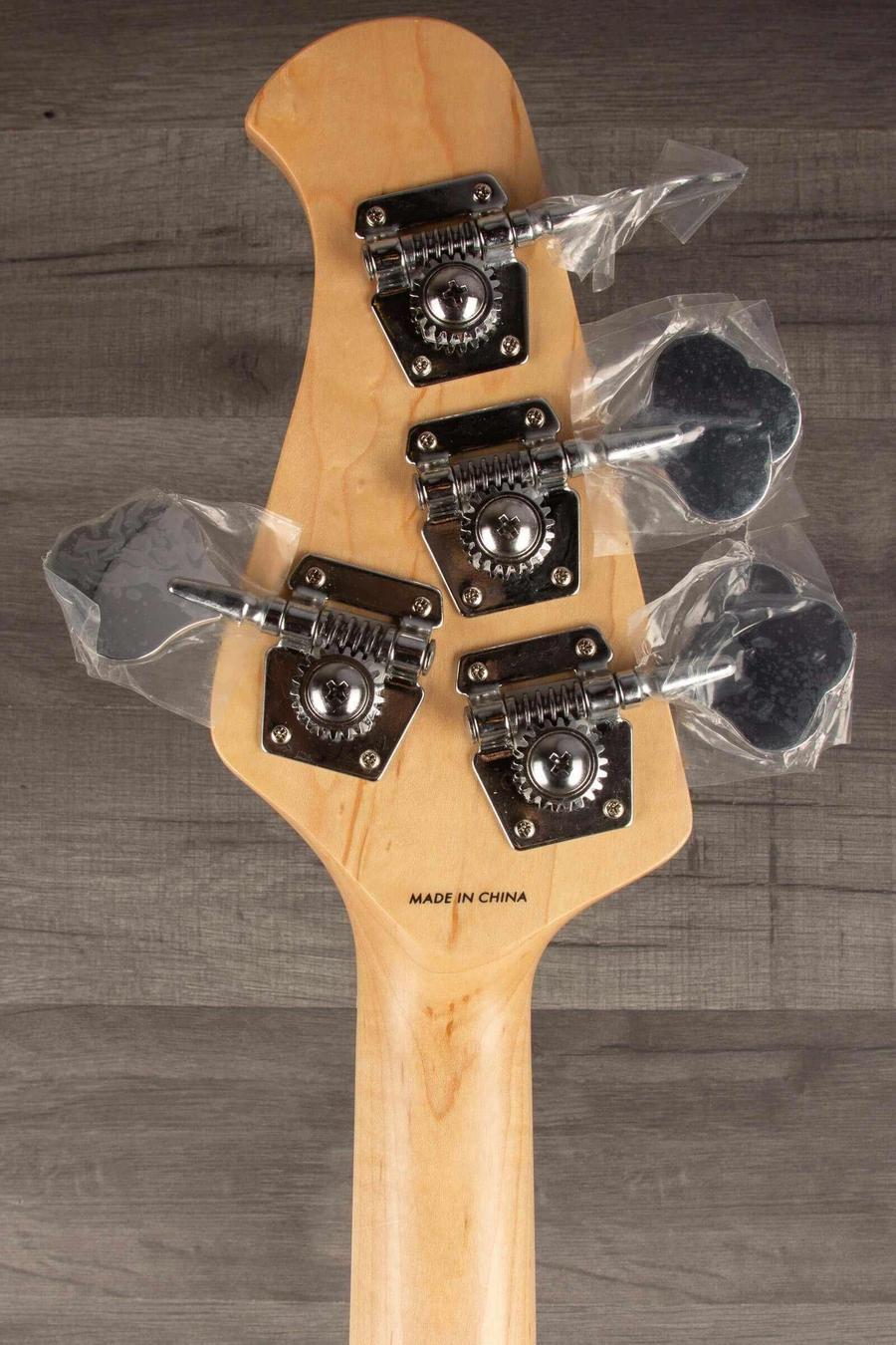 Sterling Stingray Intro series RAY2 Bass Guitar - Black headstock with tuning pegs and protective covers.