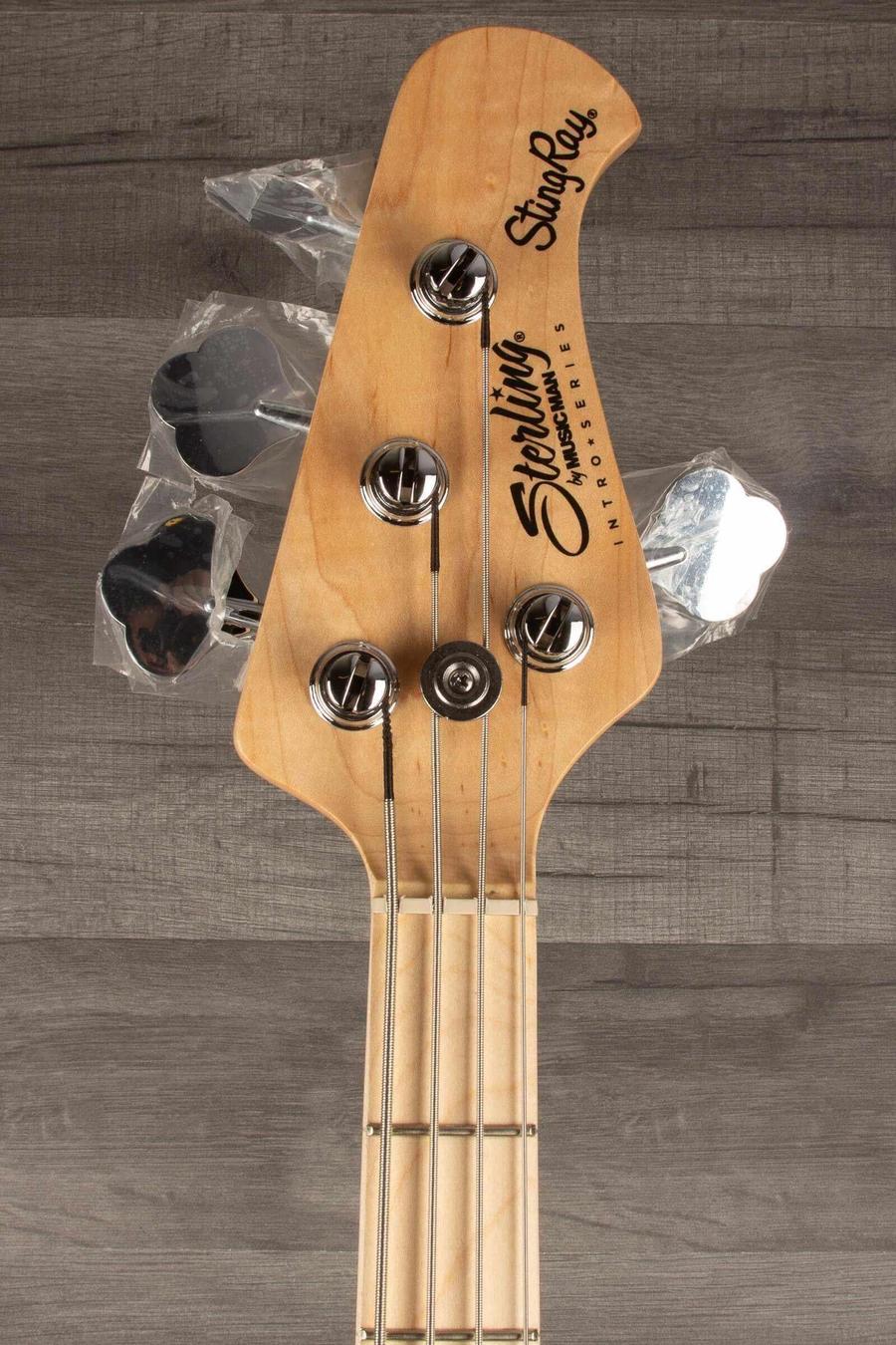 Sterling Stingray Intro series RAY2 Bass Guitar - Black headstock with tuning pegs and logo