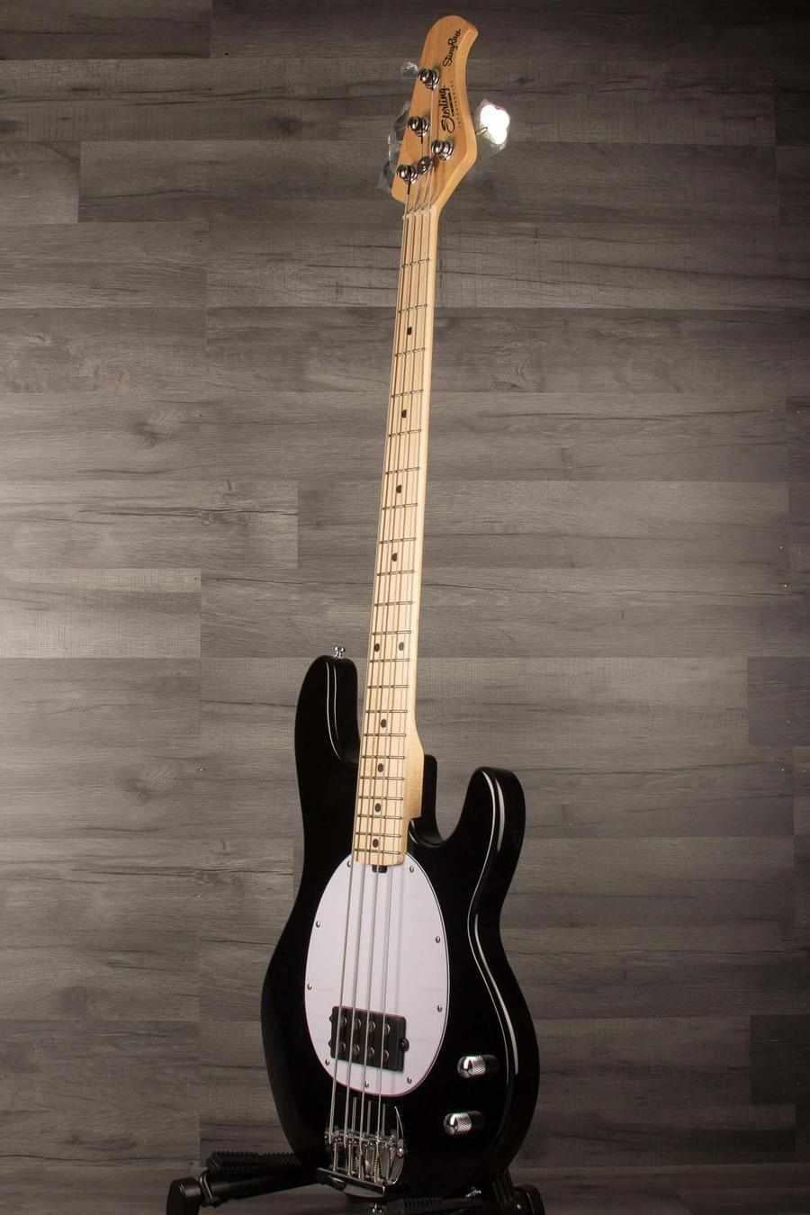 Sterling Stingray Intro series RAY2 Bass Guitar - Black on display with poplar body and hard maple neck.